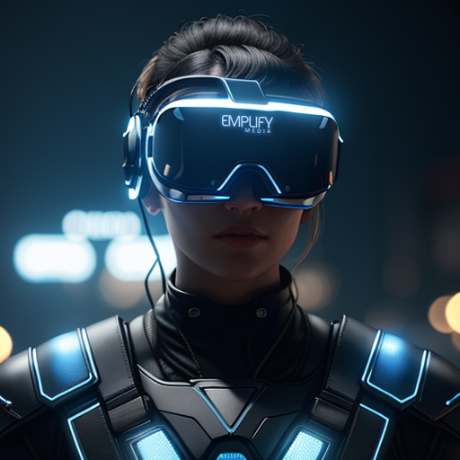 A woman wearing a virtual reality headset with neon blue lights, dressed in a futuristic suit with glowing accents.