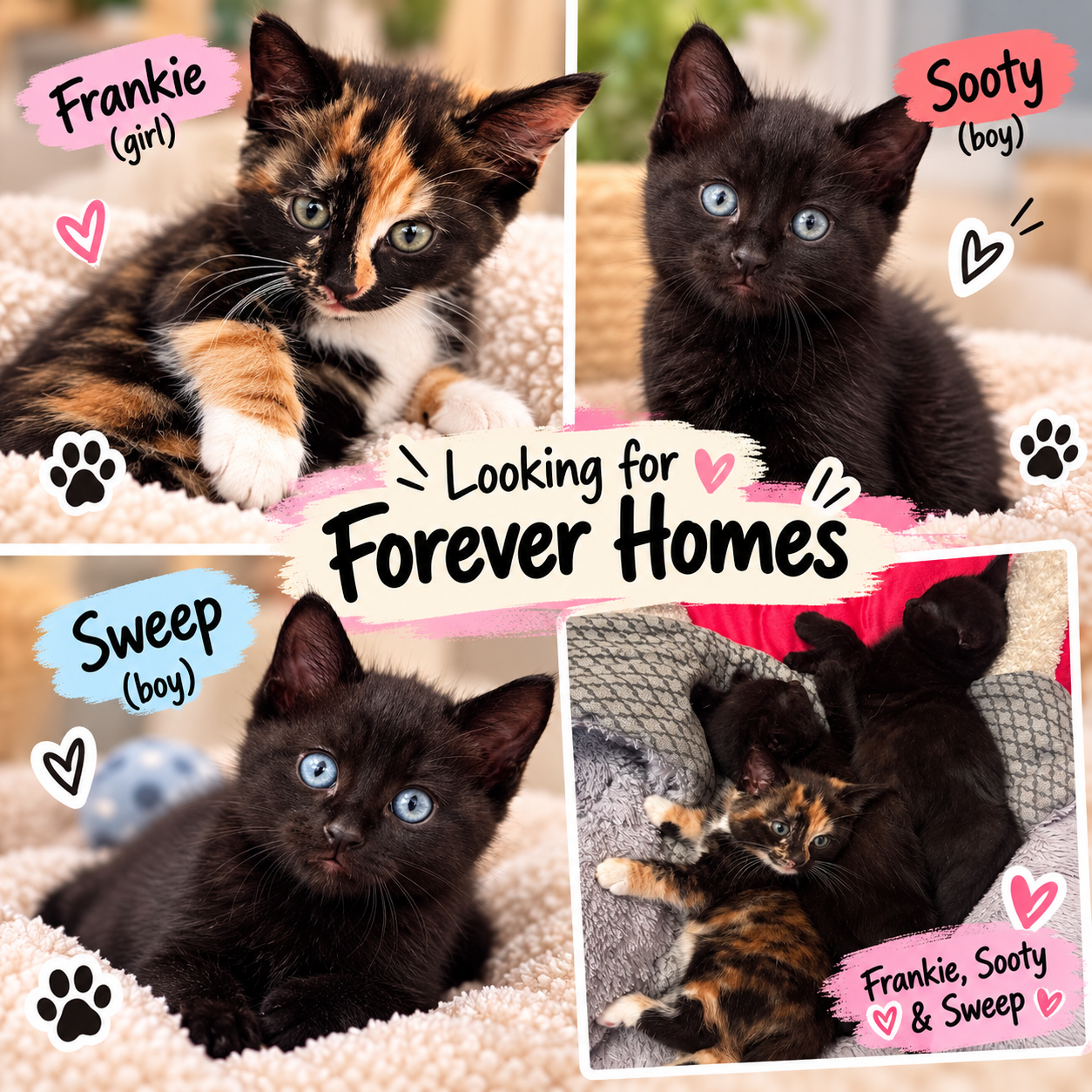 A collage of three photos of adorable kittens, each with labels and decorative hearts and paw prints. The photos show a calico girl named Frankie, a black boy named Sooty, and a black boy named Sweep, with the main message: "Looking for Forever Homes" and an additional photo of all three kittens together in a cozy bed.