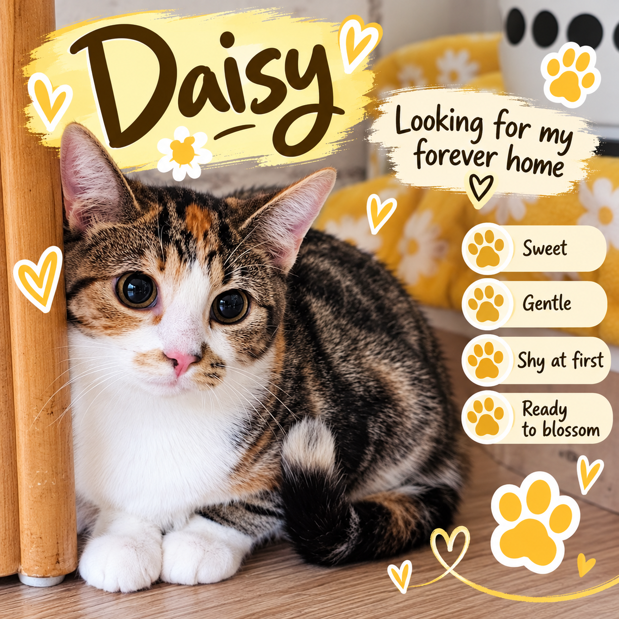 A cute tabby cat with white paws and chest, sitting indoors near a wooden leg with a yellow floral blanket and a mug in the background. The image features decorative hearts, paw prints, and text about the cat named Daisy, who is looking for her forever home. The text describes Daisy as sweet, gentle, shy at first, and ready to blossom.