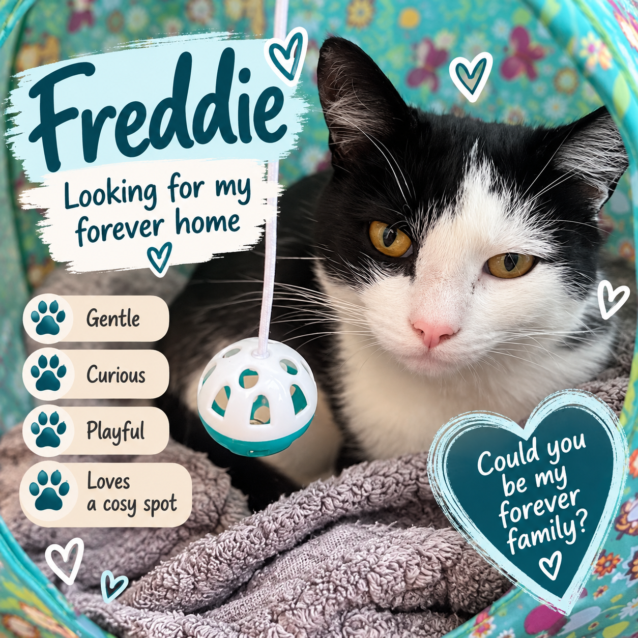 A black and white cat inside a colorful pet house with a blanket and a toy. The image has text indicating the cat's name is Freddie, and describes the cat as gentle, curious, playful, and loving. There is also a heartfelt message asking if the viewer could be Freddie's forever family.