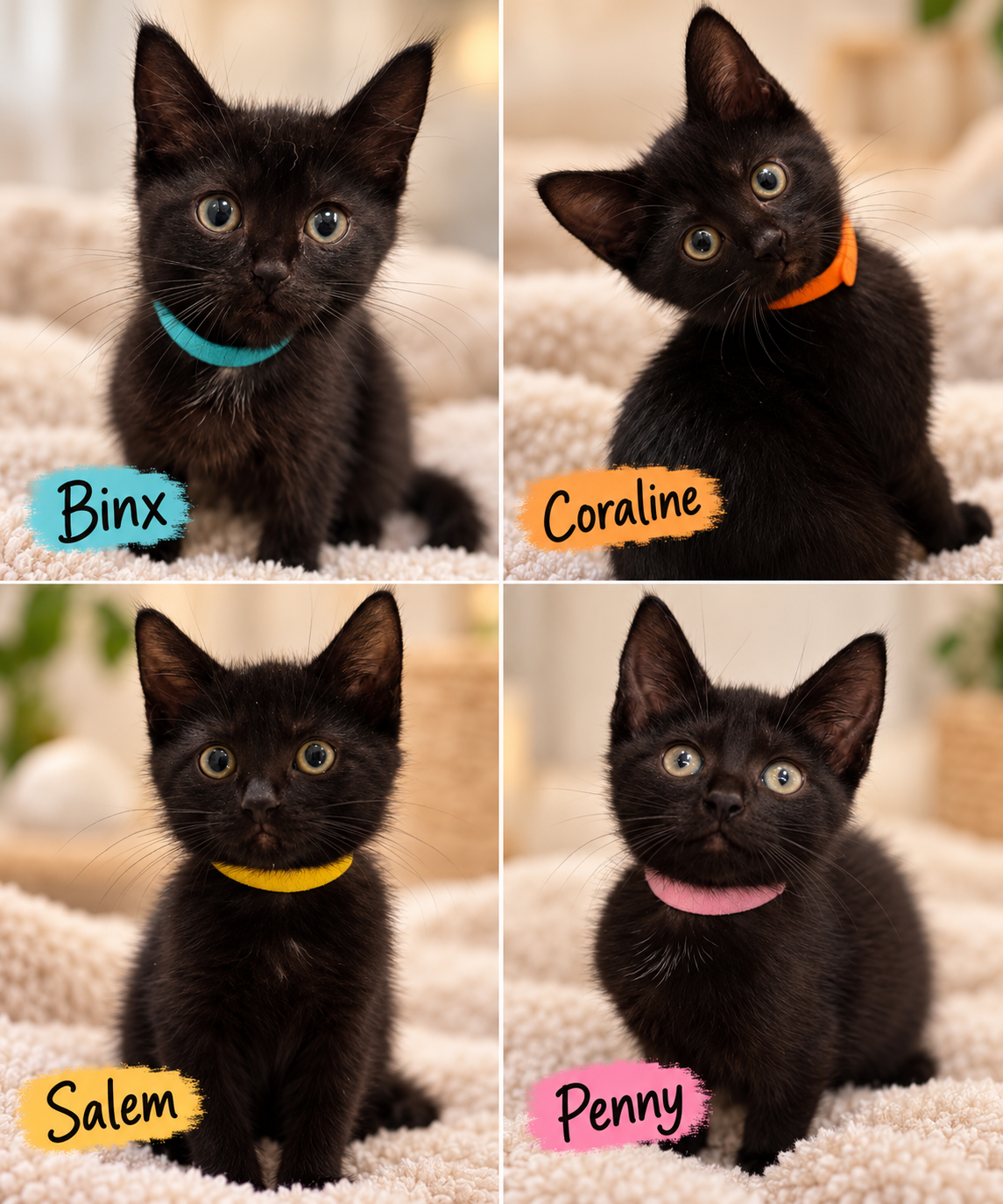 Four black kittens, each wearing a colorful collar, sitting on a soft, cream-colored blanket. The kittens are named Binx, Coraline, Salem, and Penny, with their names written on colored labels in front of them.