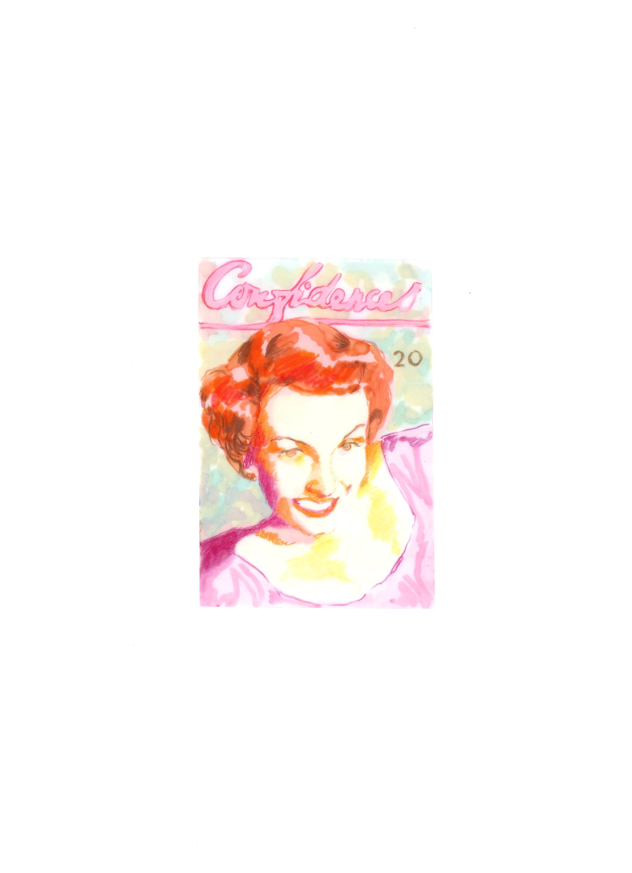 Confidences... , side 1, 2023, Marker and colored pencil on Yupo paper, 2-1/2” x 3-3/4”.