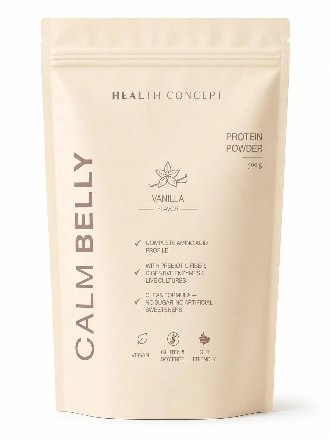Packaging design for Calm Belly plant-based protein powder by Health Concept