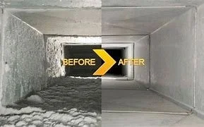 Side-by-side comparison of a chimney flue before and after cleaning, showing a buildup of soot and debris on the left and a clean, clear flue on the right.
