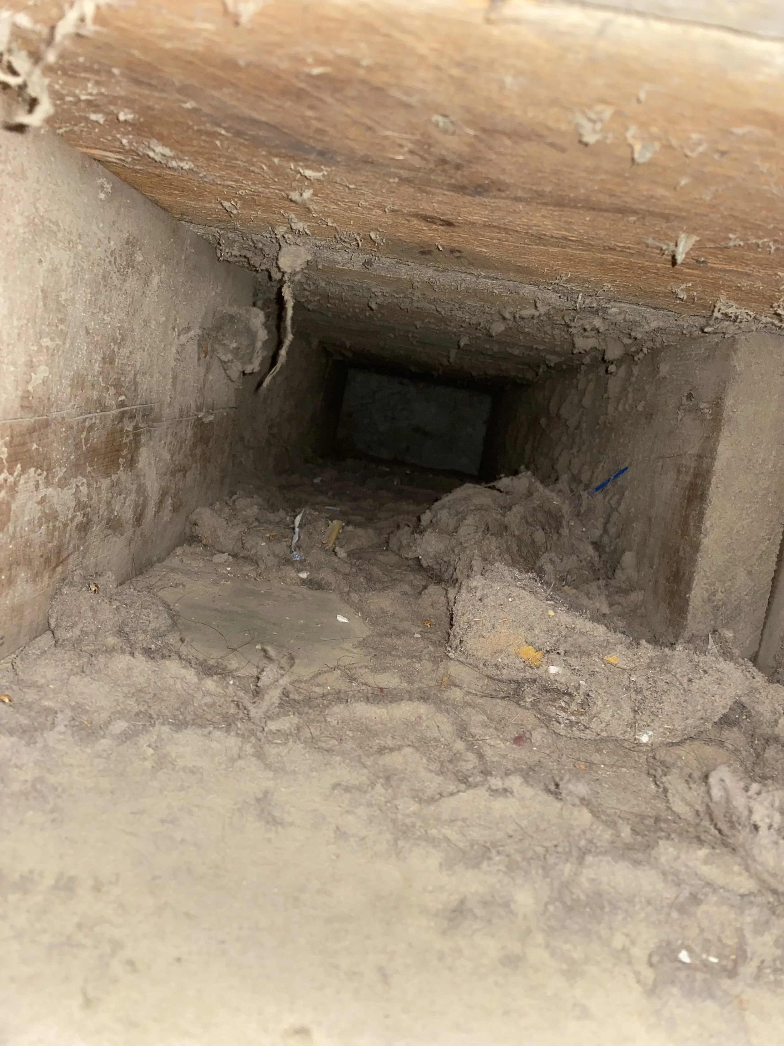 A close-up view of a dirt crawl space or basement vent opening with dirt, debris, and dust around the entrance.