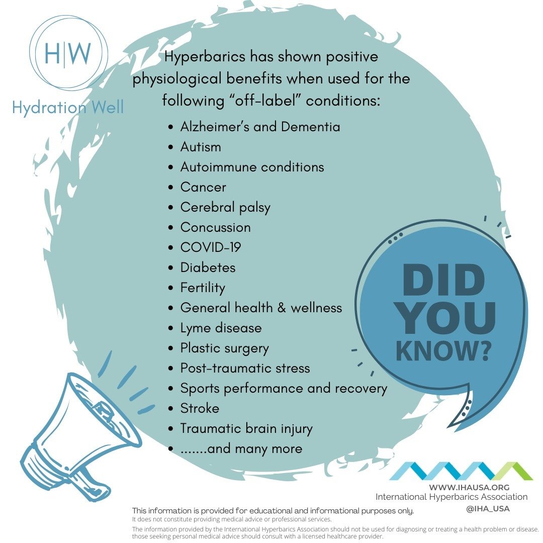 Hyperbarics can help with many conditions/diseases. We are proud to serve our community and offer such groundbreaking treatments.

Call for more questions and to book today!
.
.
.
.
.
#hydrationwell #wellness #healing #health #energy #hbot #hyperbari