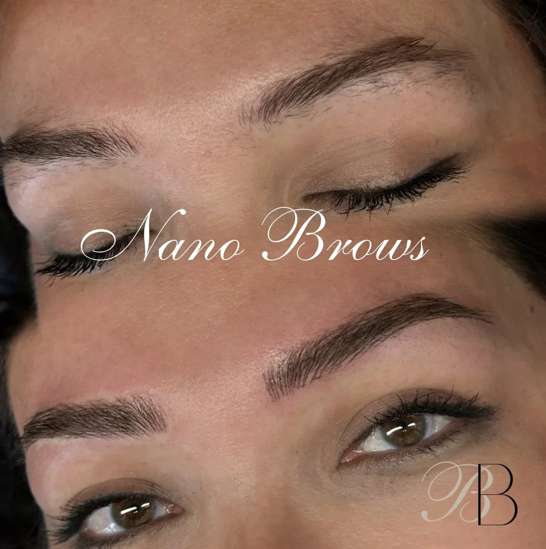 Close-up of two faces with well-groomed eyebrows and clear skin, with the text 'NANO BROWS' and '@BROWSANDBEAUTYLOUNGE' overlaid.