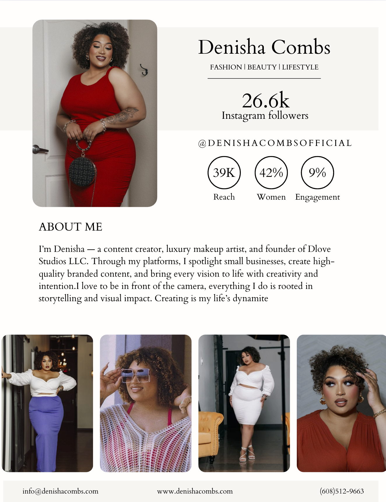 Digital portfolio of Denisha Combs, showcasing her as a fashion, beauty, and lifestyle influencer with 26.6k Instagram followers. Includes images of Denisha in various outfits and details her work as a content creator and luxury makeup artist. Her co