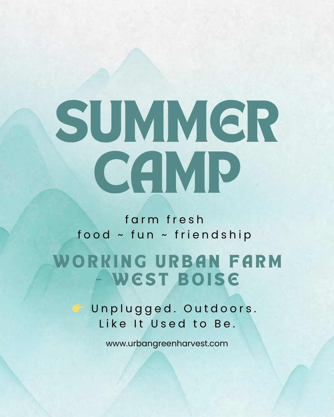 Summer camp poster with mountain background, promoting farm fresh food, fun, friendship, located at Working Urban Farm in West Boise, featuring outdoor, unplugged activities.