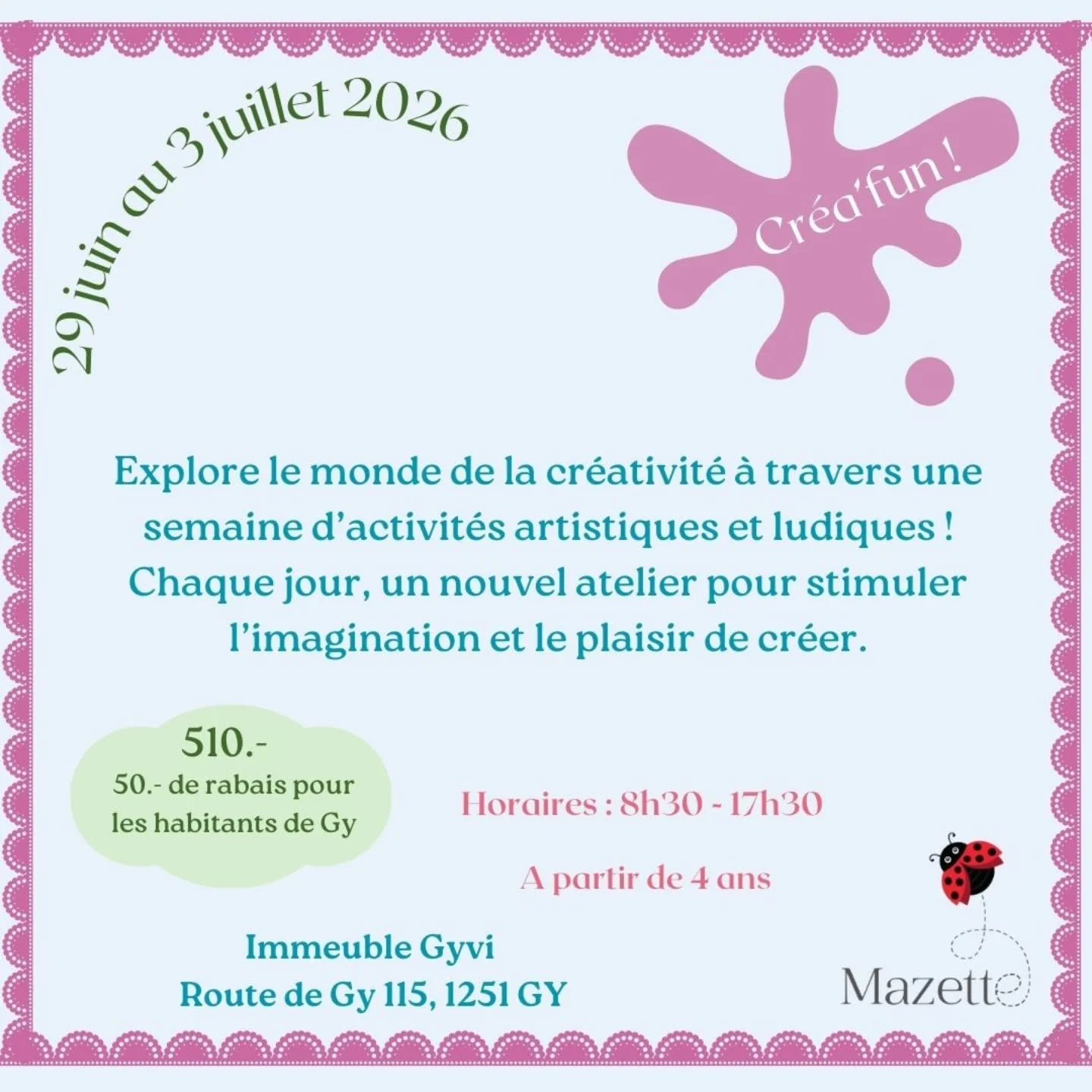 &bull; Cr&eacute;a'fun ! &bull; 

Pour cette semaine d&eacute;di&eacute;e &agrave; la cr&eacute;ativit&eacute;, le programme reste volontairement souple, afin de laisser place &agrave; l&rsquo;imagination, aux id&eacute;es et aux envies propos&eacute