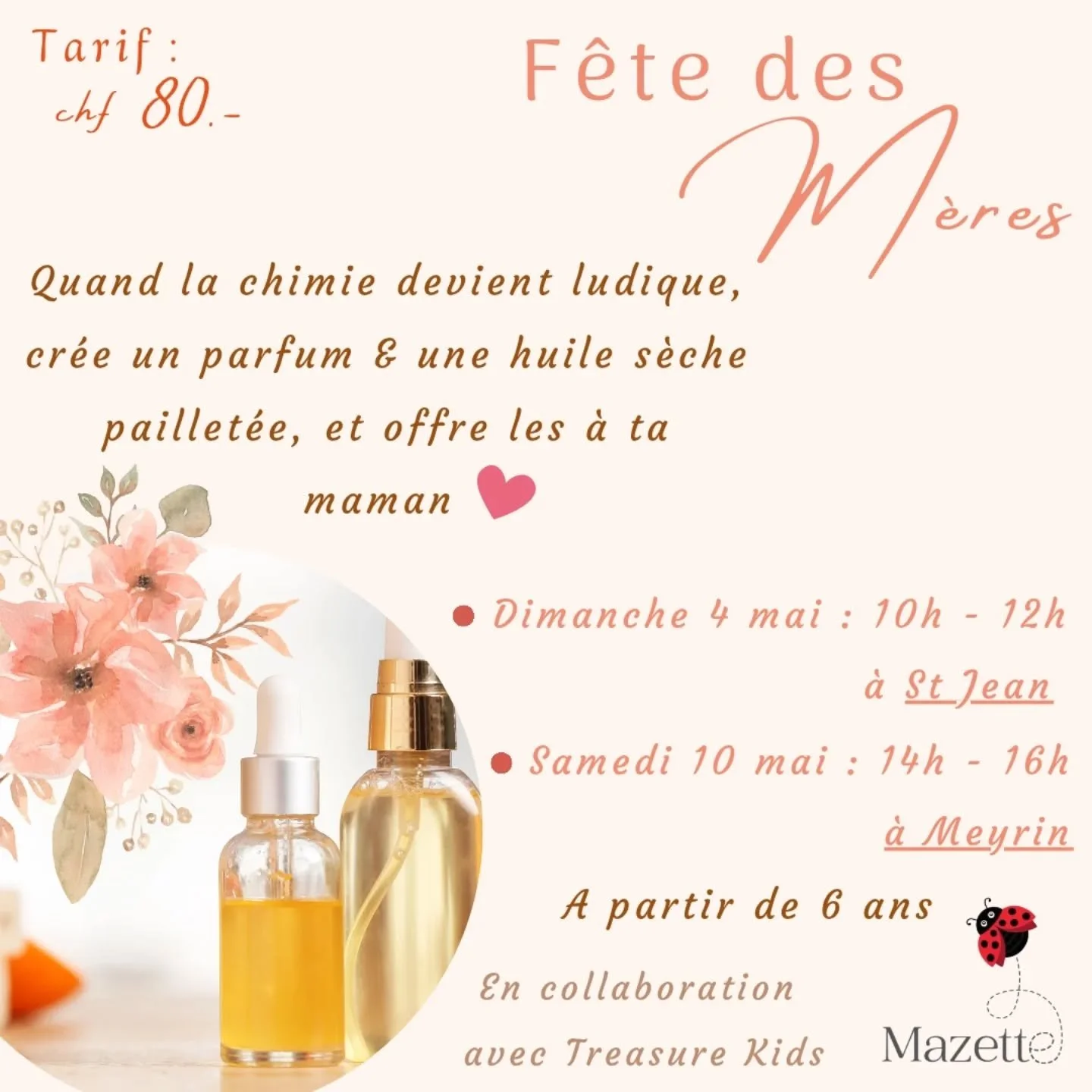 Rejoins nous pour un cours de chimie en confectionnant ton cadeau pour la f&ecirc;te des mamans. 
Tu vas cr&eacute;er un parfum en d&eacute;couvrant diff&eacute;rentes fragrances, apprendre ce qu'est la pyramide olfactive, comment se m&eacute;lange l