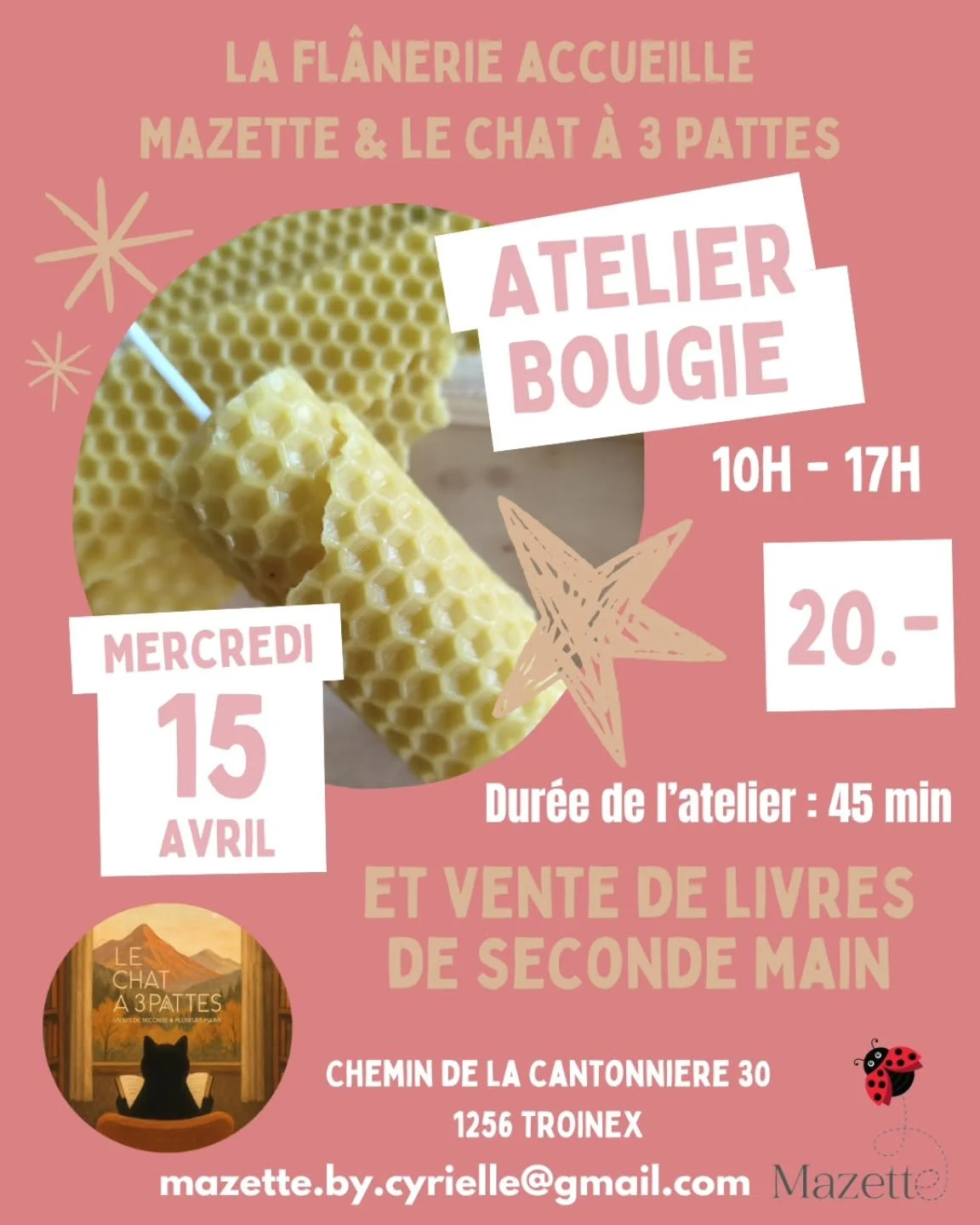 Mercredi 15 avril, la Fl&acirc;nerie &agrave; la gentillesse de nous accueillir dans son jardin, pour un atelier bougie et une vente de livres de seconde main avec Le chat &agrave; 3 pattes ! 🌿

Atelier en continu tout au long de la journ&eacute;e d