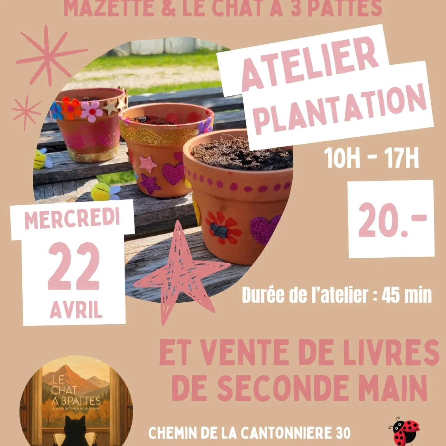 Mercredi 22 avril, la Fl&acirc;nerie &agrave; la gentillesse de nous accueillir dans son jardin, pour un atelier "plantation de graines de fleurs et d&eacute;coration du pot" 🌷 ainsi qu'une vente de livres de seconde main avec Le chat &agr