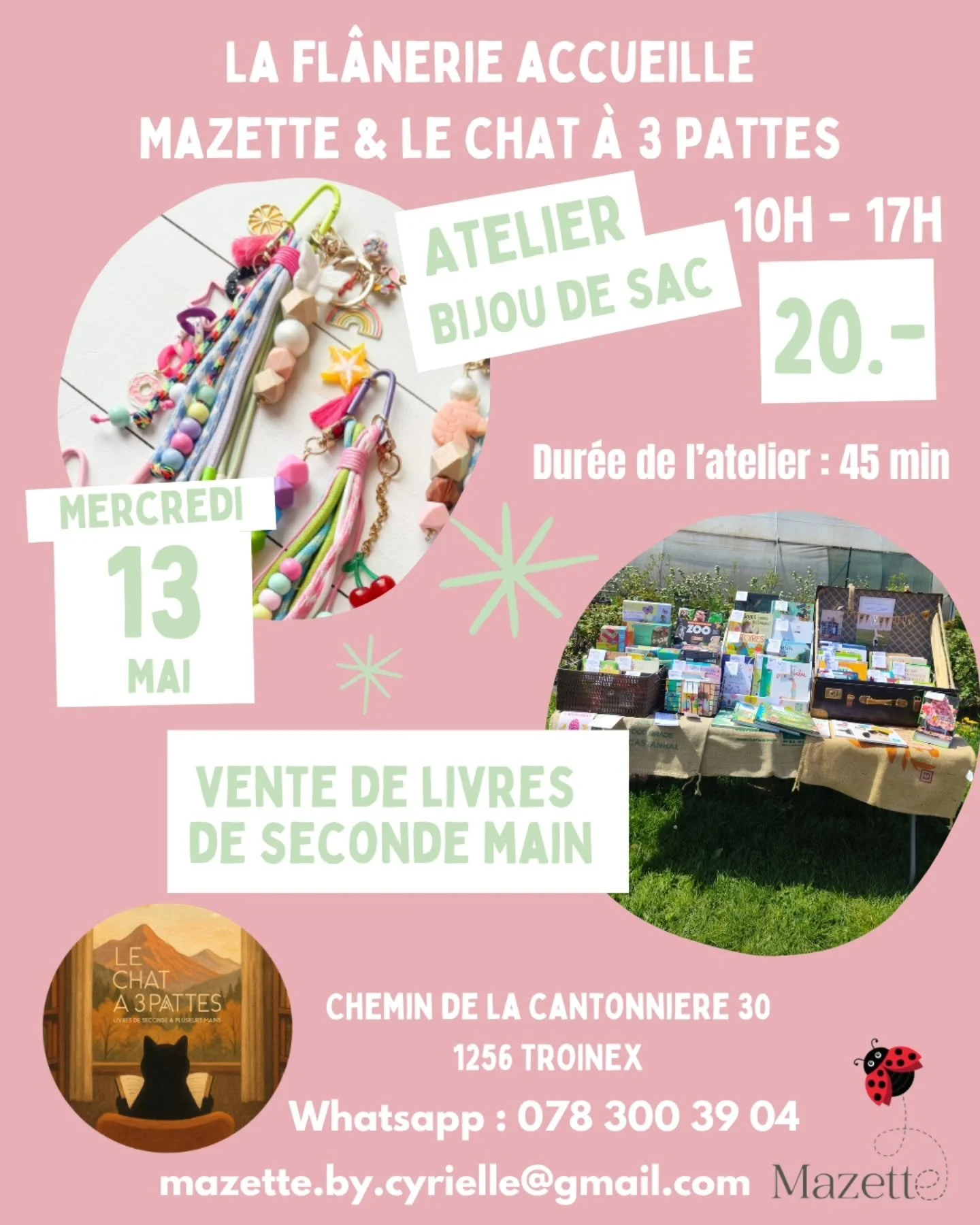 En raison du mauvais temps de mercredi dernier, l'atelier &eacute;tait annul&eacute;. Alors nous revoil&agrave; mercredi 13 mai, une deuxi&egrave;me chance de participer &agrave; l'atelier "bijou de sac", il y aura toujours la vente de livr