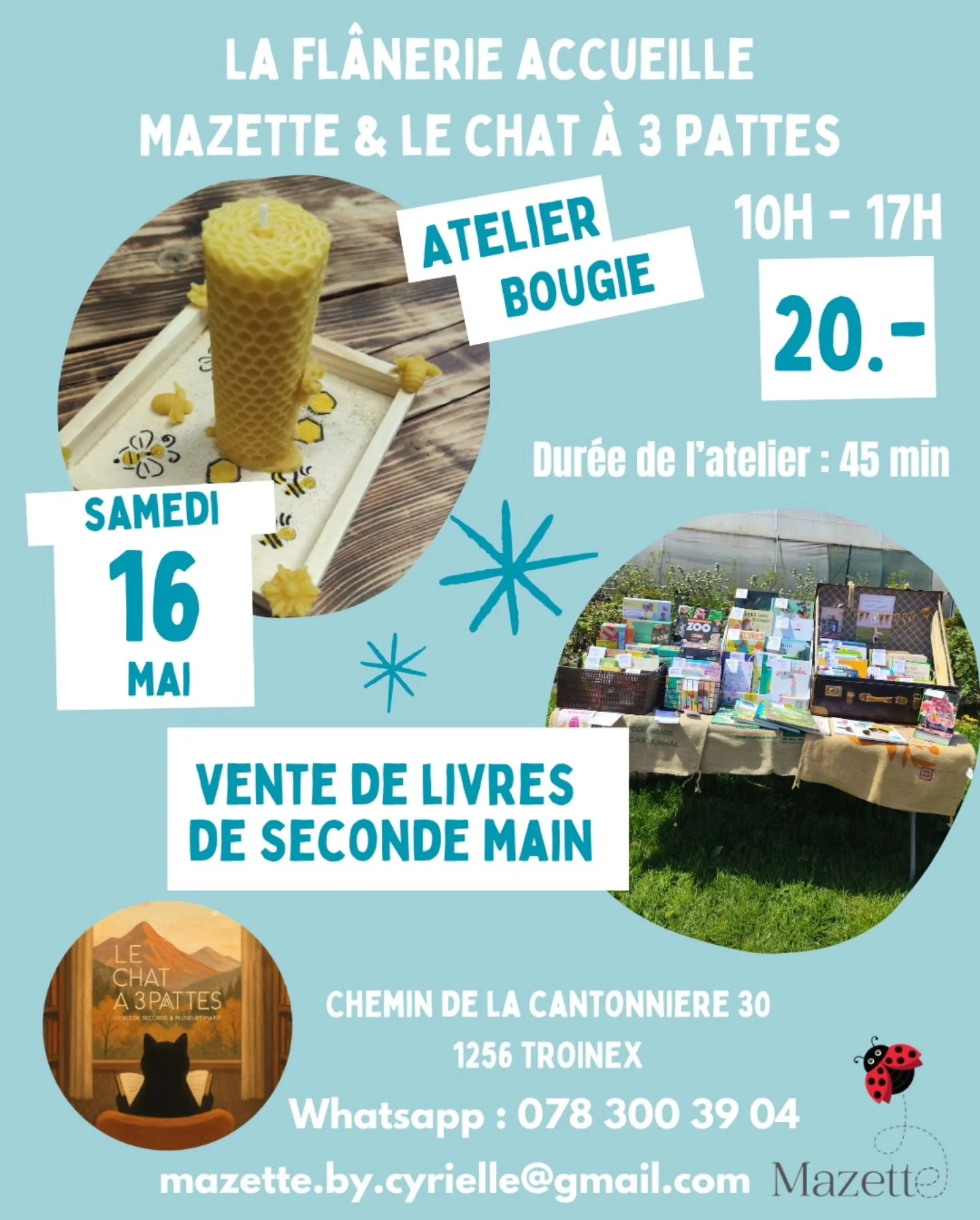 Samedi 16 mai, la Fl&acirc;nerie &agrave; la gentillesse de nous accueillir dans son jardin, pour un atelier bougie et une vente de livres de seconde main avec Le chat &agrave; 3 pattes ! 🌿

Atelier en continu tout au long de la journ&eacute;e de 10