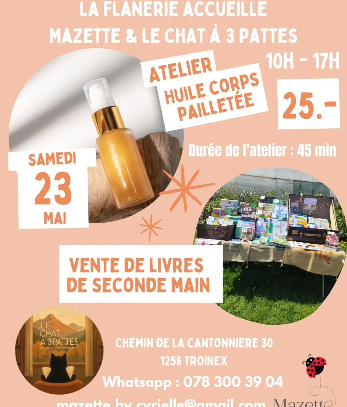 Samedi 23 mai, la Fl&acirc;nerie &agrave; la gentillesse de nous accueillir dans son jardin, pour un atelier cr&eacute;ation d'une huile pour le corps paillet&eacute;e et une vente de livres de seconde main avec Le chat &agrave; 3 pattes ! 🌿

Atelie