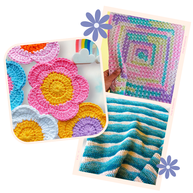 how to crochet a blanket, quick and easy crochet blankets, flower coasters