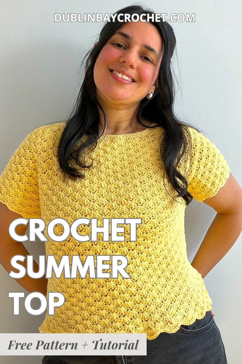 Yellow Wildflower crochet summer top made with a textured shell stitch, shown as a free crochet top pattern with video tutorial.