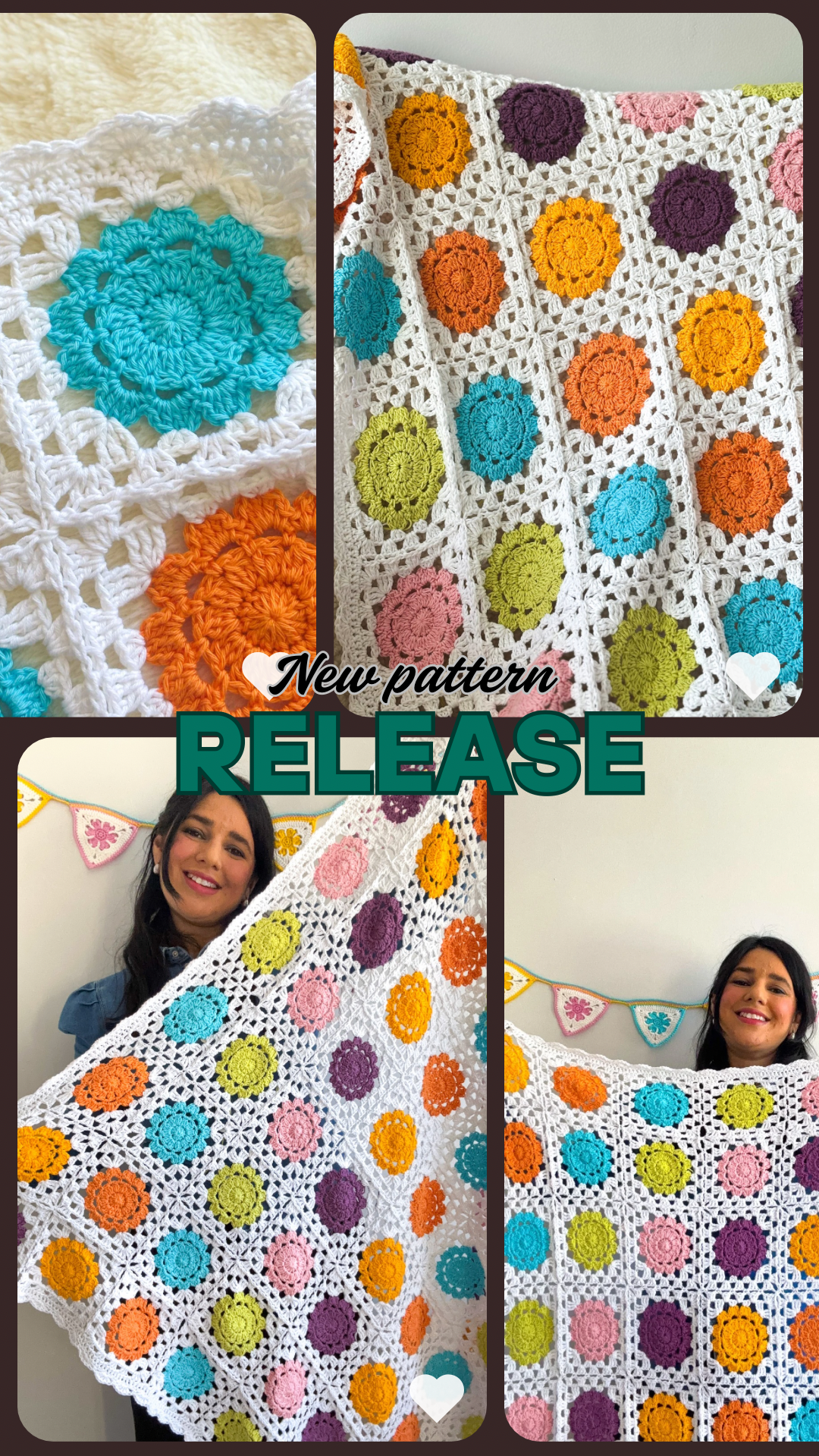 a young woman holding a granny square baby blanket