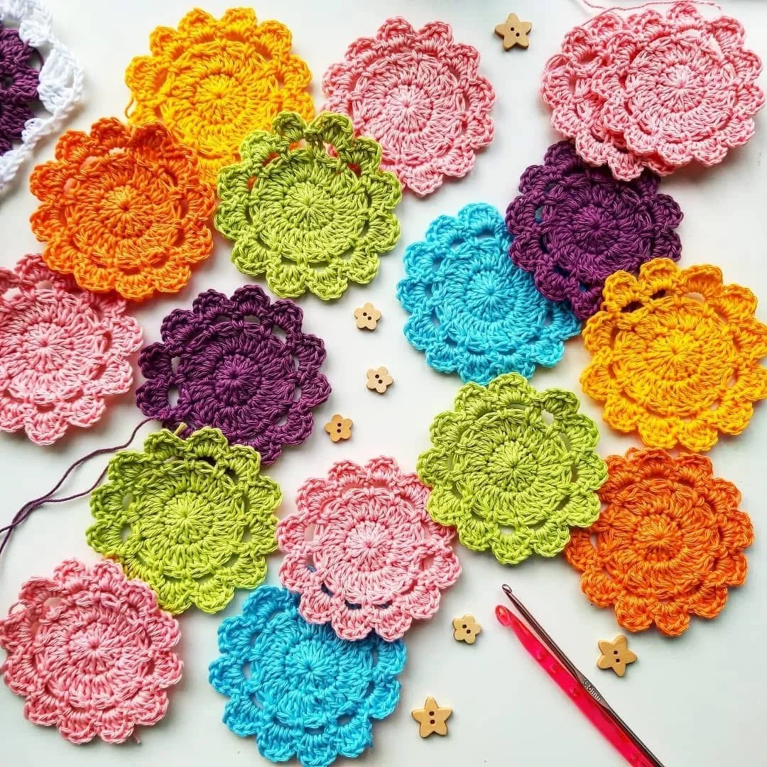 crochet colorful flower coasters