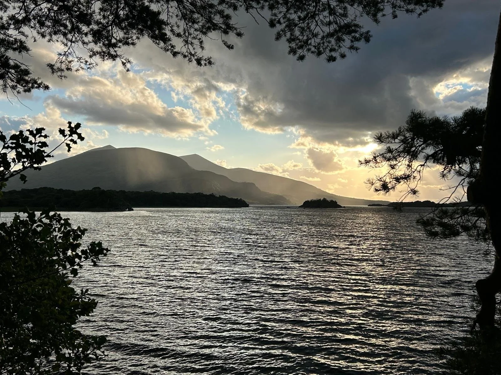 A lake surrounded by hills framed by branches at sunset
