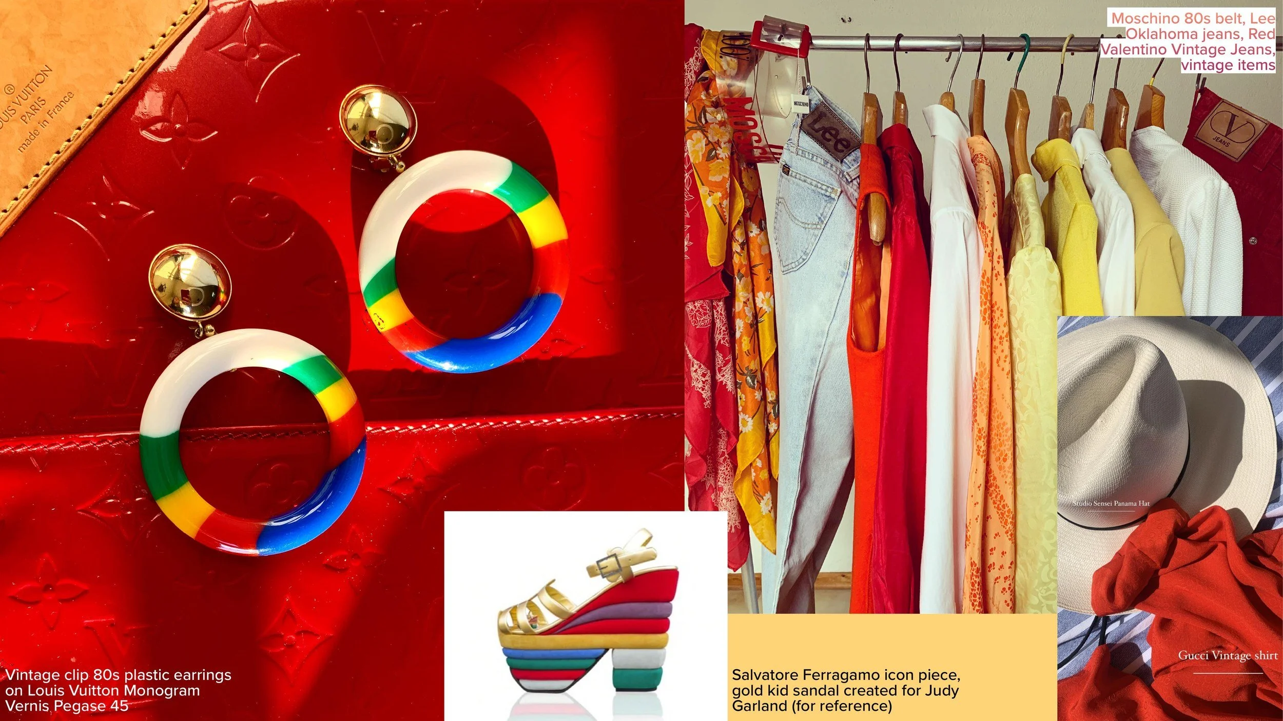 Vintage 1980s plastic clip earrings on a Louis Vuitton Monogram Vernis Pegase 45; a rail of vintage pieces including a 1980s Moschino belt, Lee Oklahoma jeans and Red Valentino vintage jeans; a Studio Sensei panama hat with a vintage Gucci shirt; Sal