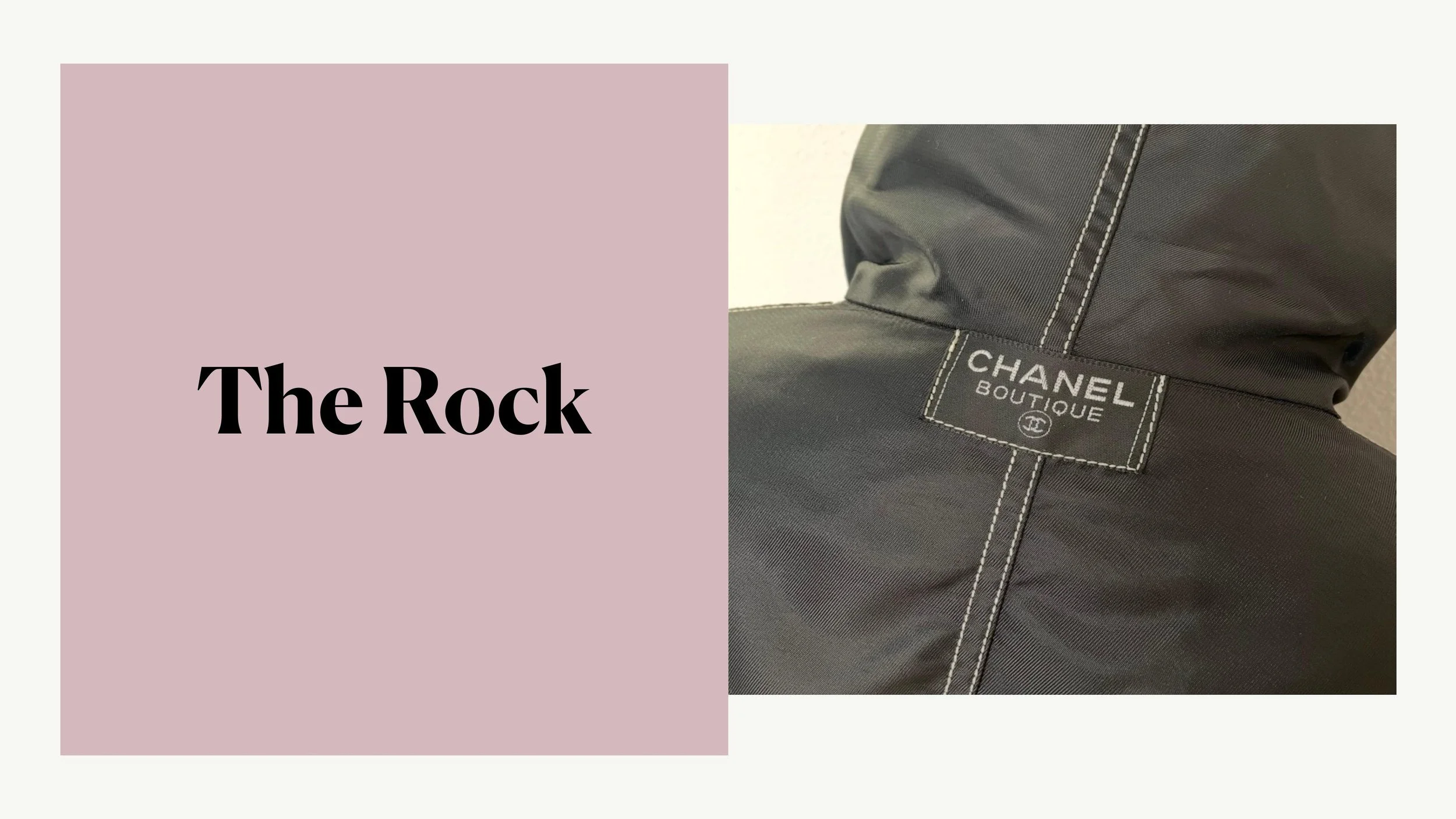 The Rock - chapter opener. Close-up of the woven label on a black Chanel Boutique nylon jacket with contrast topstitching.