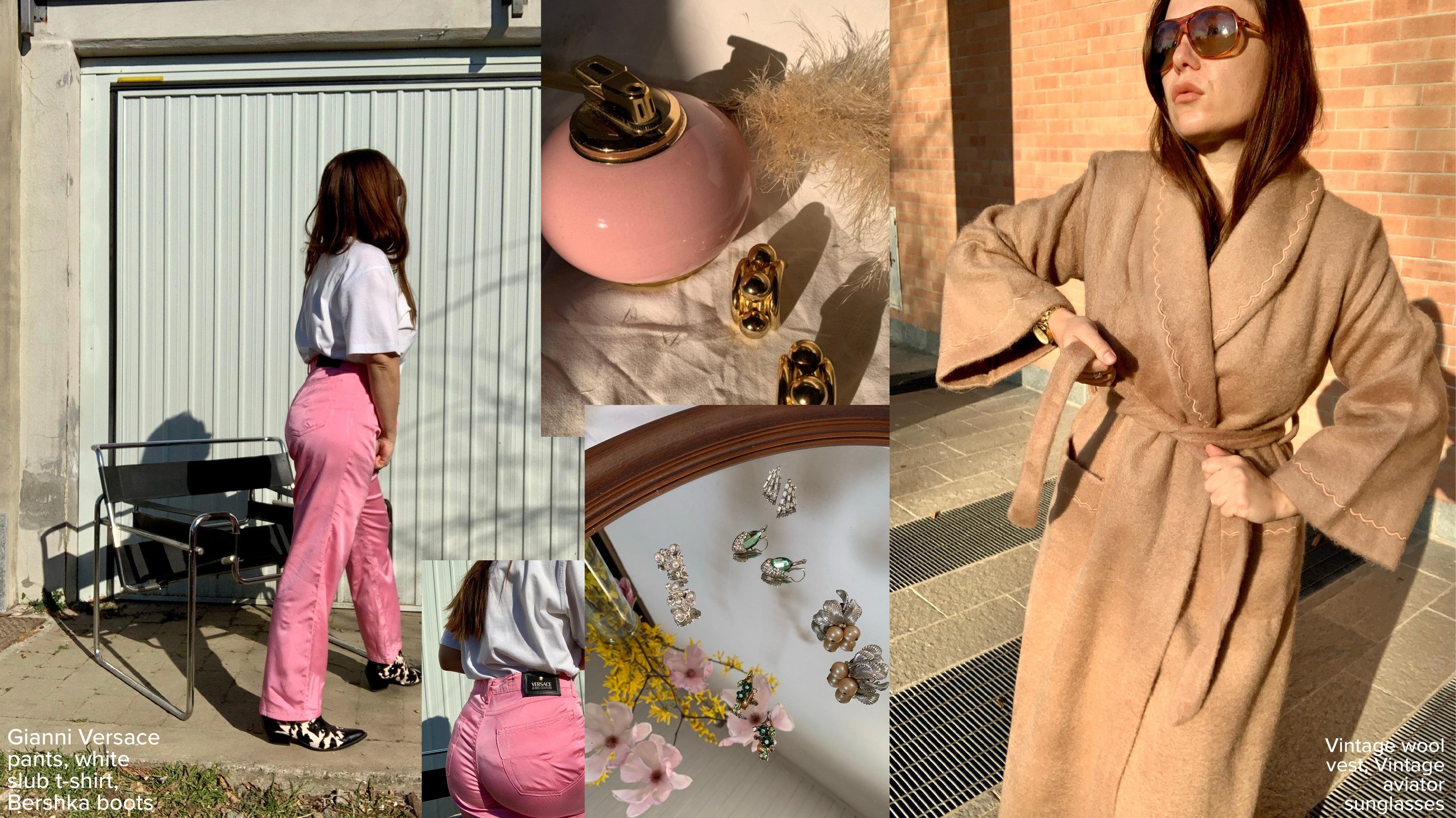 Gianni Versace pink jeans worn with a white slub t-shirt and Bershka cow-print boots; vintage gold clip earrings beside a pink ceramic table lighter; a vintage camel wool wrap coat with scallop stitching, worn with vintage aviator sunglasses.