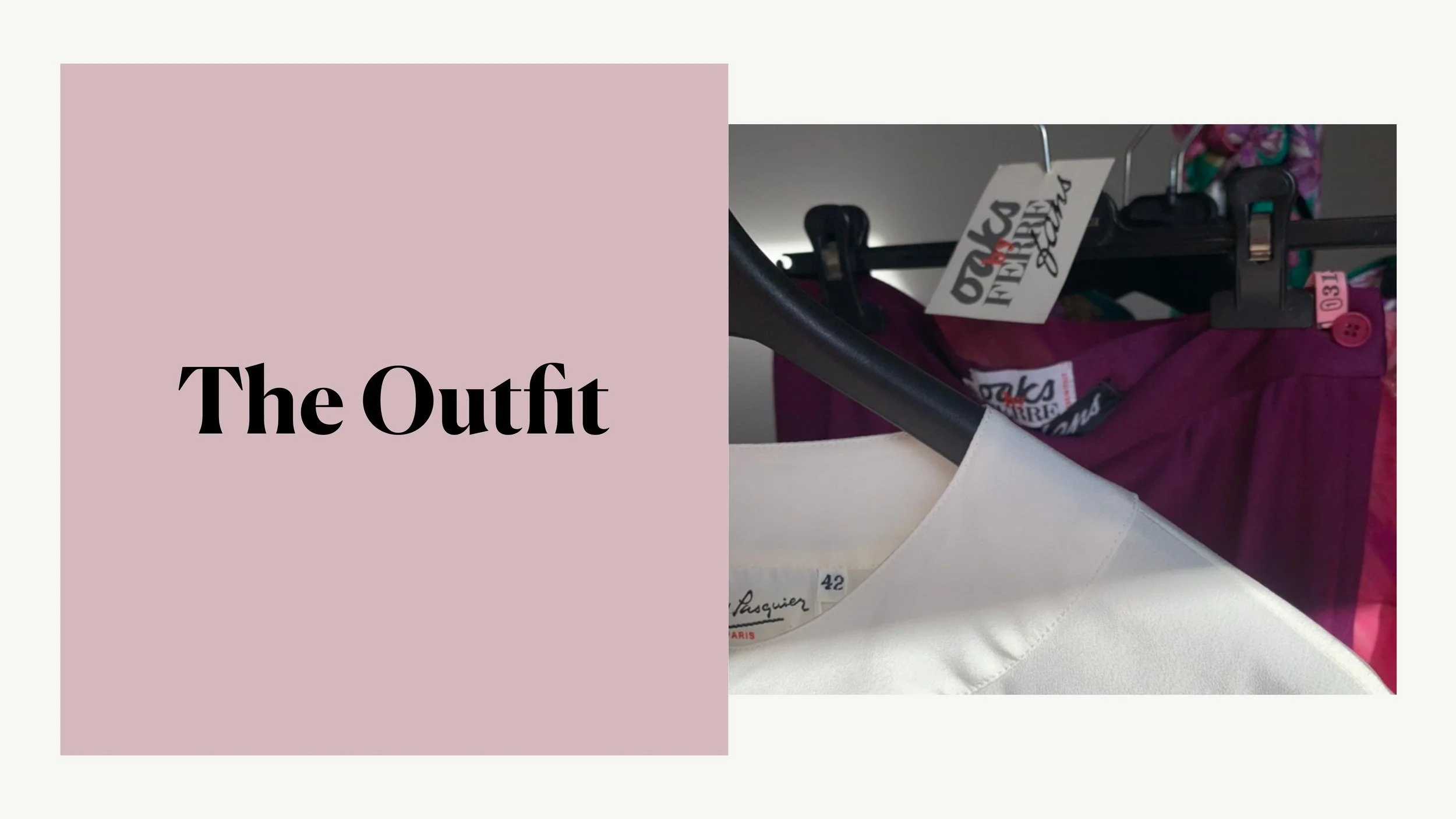 The Outfit - opening chapter of Manuela Cavallero's personal styling portfolio. Vintage Oaks by Ferre Jeans magenta trousers on a hanger with a white silk Pasquier Paris blouse, size 42.