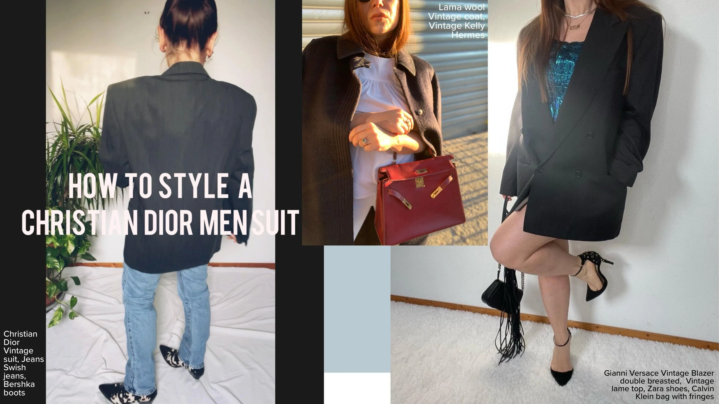 How to style a Christian Dior men's suit: vintage Christian Dior black blazer with Swish jeans and Bershka cow-print boots; a vintage lama wool coat carried with a vintage Hermes Kelly bag; a vintage Gianni Versace double-breasted blazer with a vinta