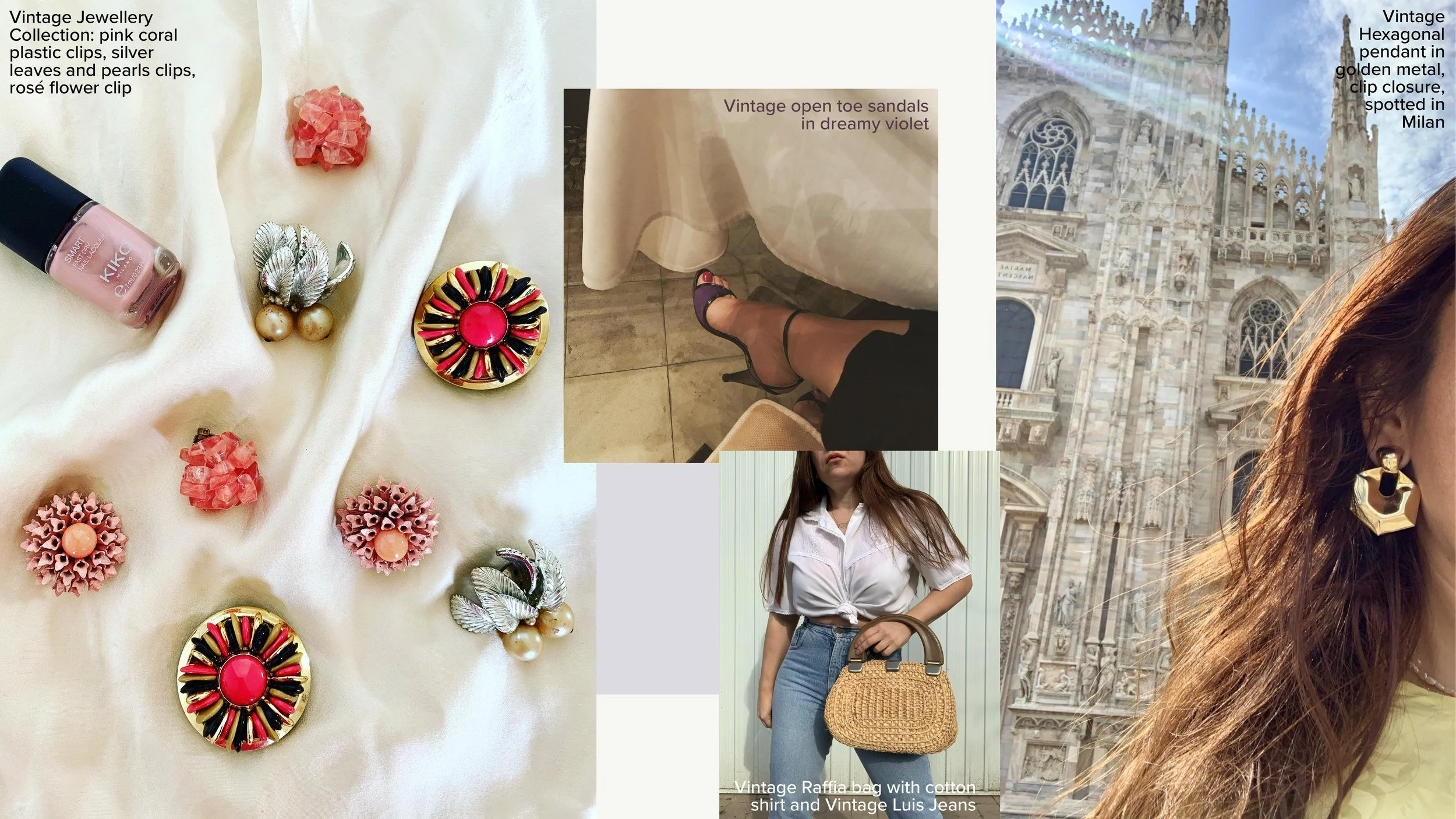 Vintage jewellery collection: pink coral plastic clips, silver leaf and pearl clips and a rose flower clip with Kiko nail polish; vintage open-toe sandals in violet; a vintage raffia bag with a cotton shirt and vintage Luis jeans; a vintage hexagonal