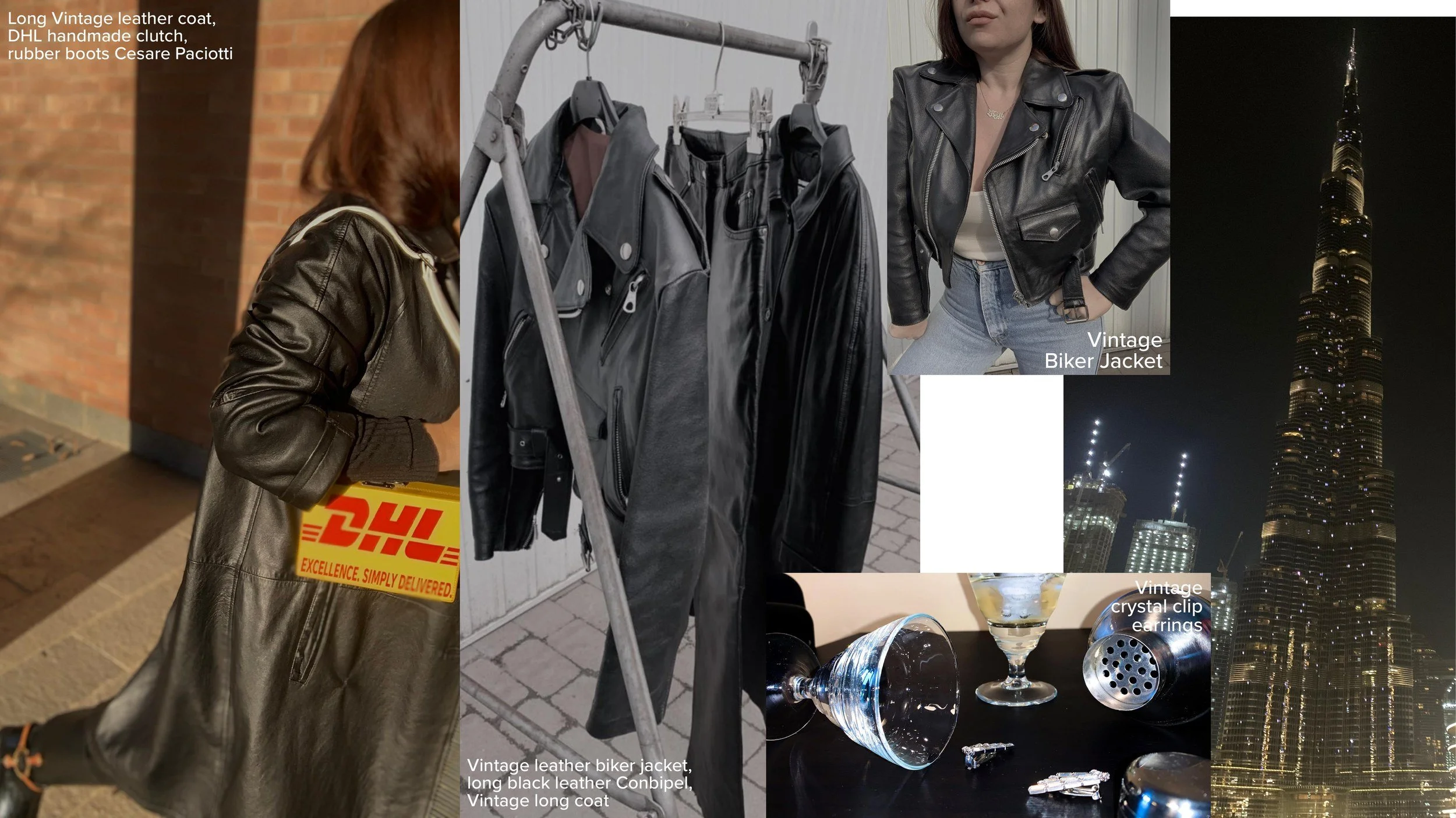 A long vintage leather coat carried with a handmade DHL clutch and Cesare Paciotti rubber boots; a rail of vintage leather including a biker jacket and a long black Conbipel coat; vintage crystal clip earrings with cut-glass barware; the Burj Khalifa