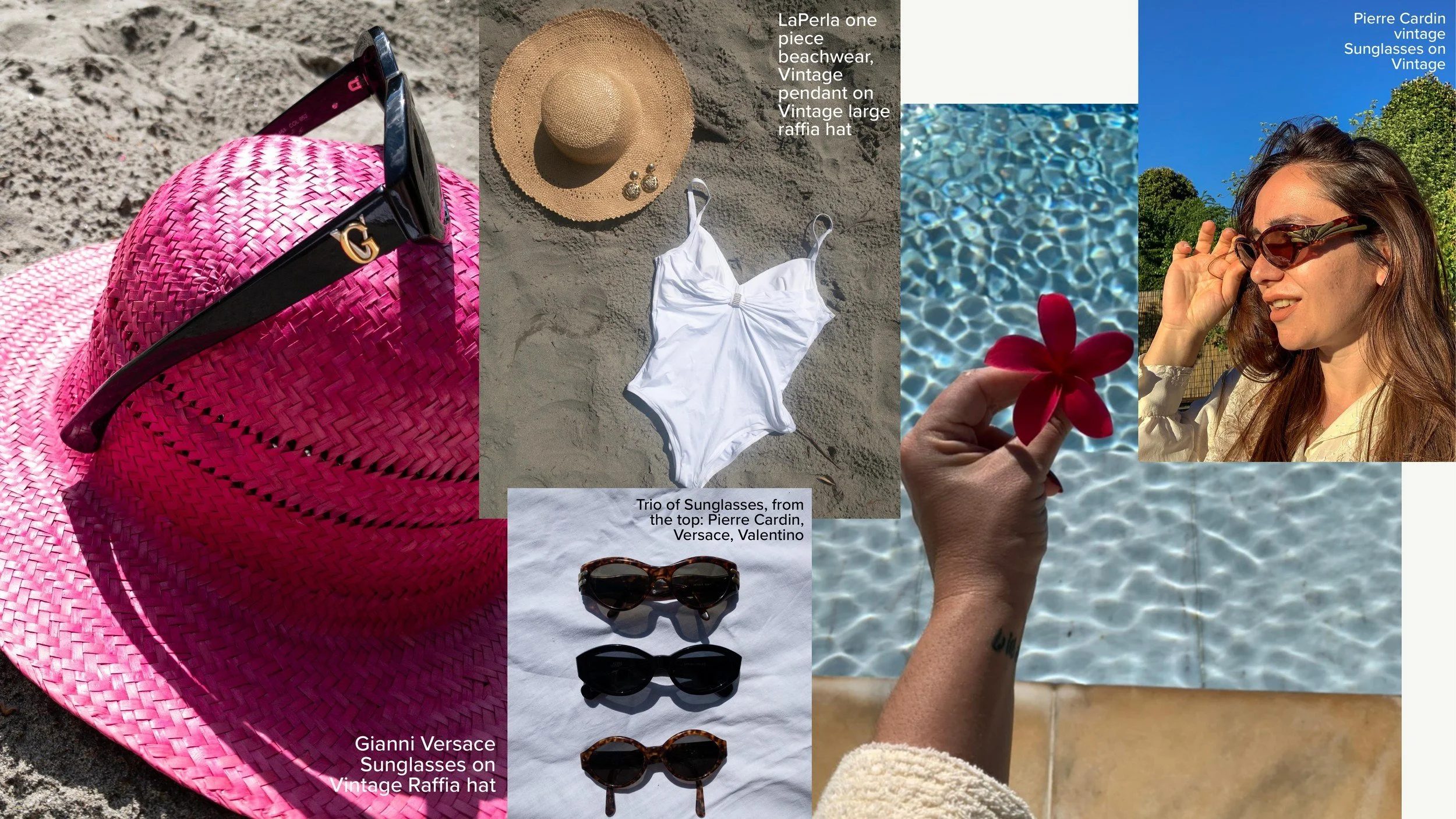 Gianni Versace sunglasses resting on a fuchsia raffia hat; a La Perla white one-piece swimsuit with a vintage pendant on a large vintage raffia hat; a trio of vintage sunglasses by Pierre Cardin, Versace and Valentino; a frangipani flower held over t