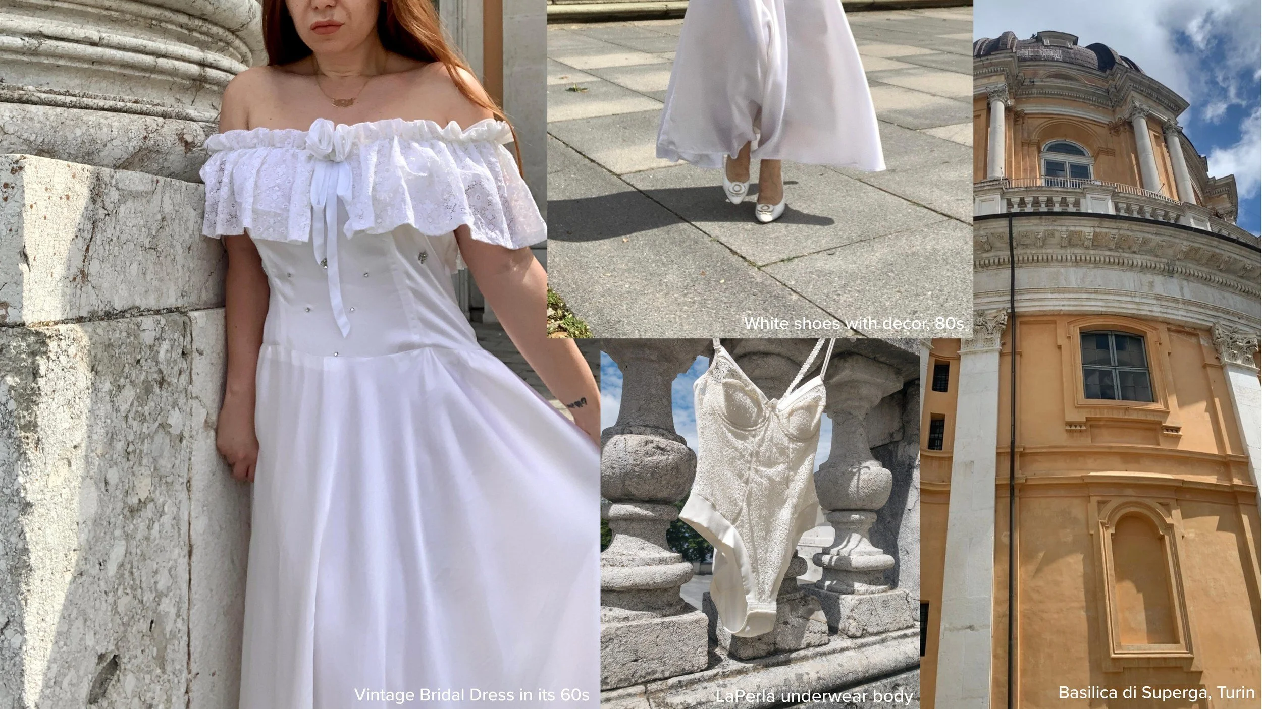 A 1960s vintage bridal dress with an off-the-shoulder lace ruffle, photographed at the Basilica di Superga in Turin, with 1980s white decorated shoes and a La Perla ivory lace body.