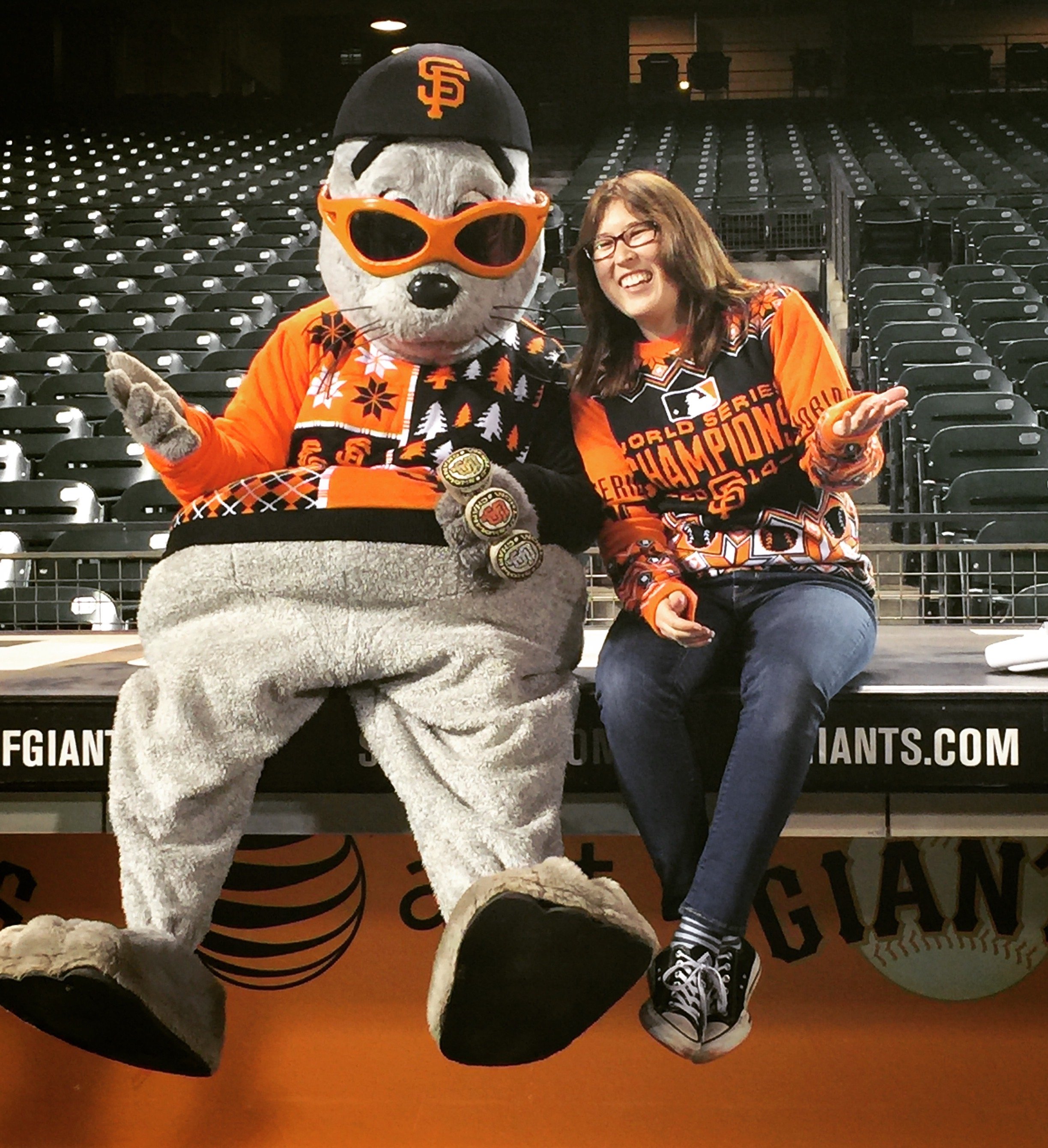 With Giants mascot Lou Seal during a holiday commercial shoot