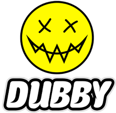 Yellow cartoon smiley face with Xs for eyes and a jagged mouth, with the word DUBBY in bold white letters below.