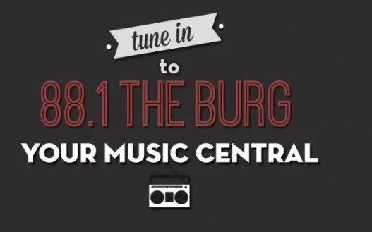 Promotional graphic for 88.1 THE BURG radio station, featuring the slogan "Tune in to 88.1 THE BURG, Your Music Central," with a small radio icon at the bottom.