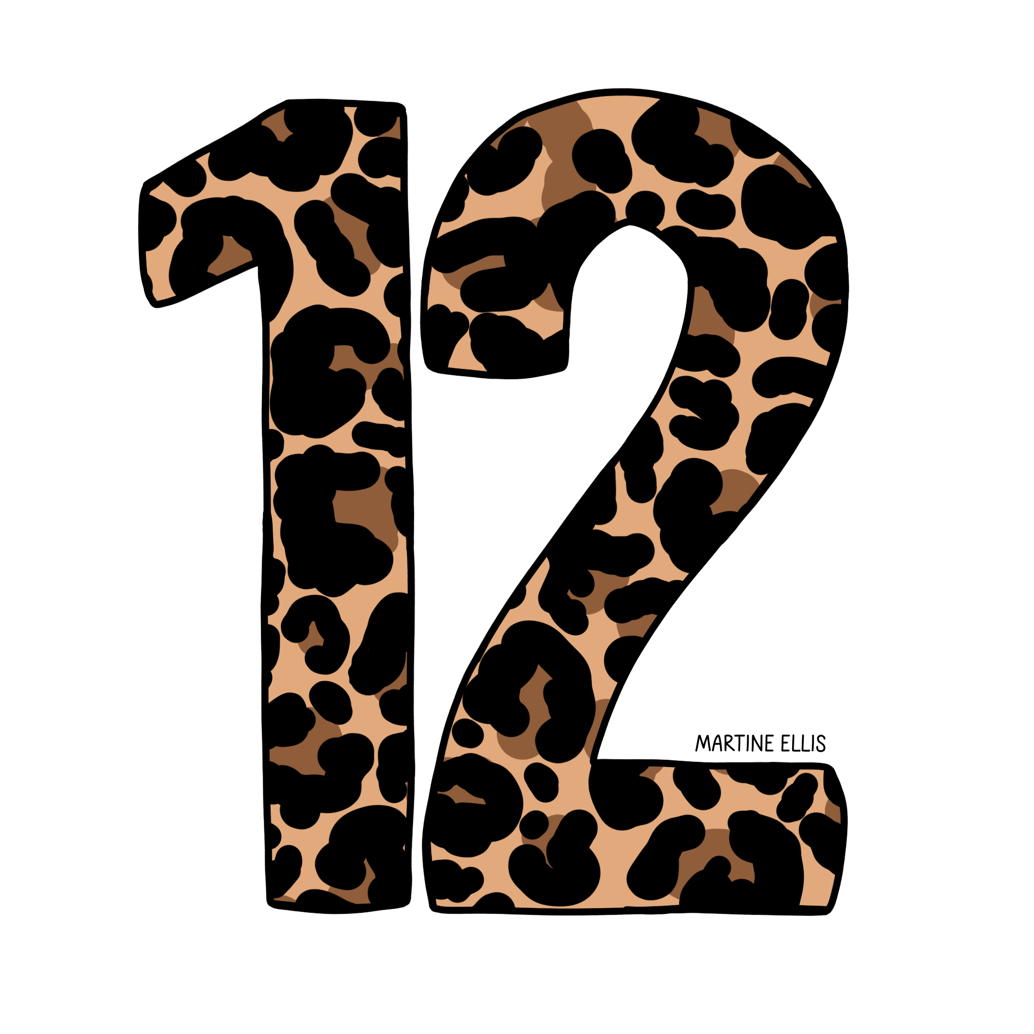 A hand-drawn illustration featuring the number 12 in a bold, rounded font. The numbers are filled with a brown and black leopard print pattern. The name Martine Ellis is written in small, simple capital letters at the bottom right of the number two.