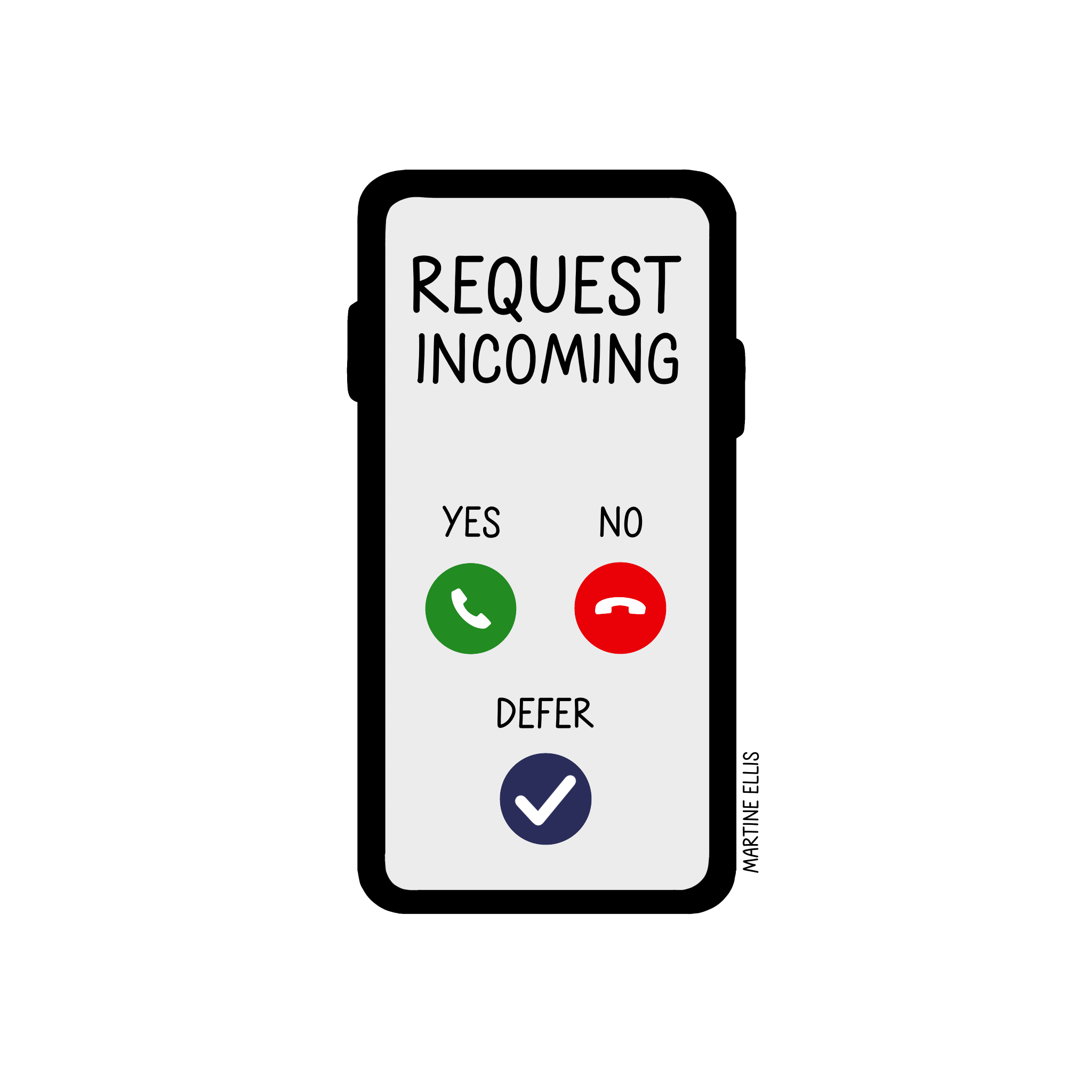 A phone screen illustration showing an incoming request, styled like a call screen. There are three options: green “YES” button, red “NO” button, and a third option labelled “DEFER” with a blue tick. The illustration is by Martine Ellis.
