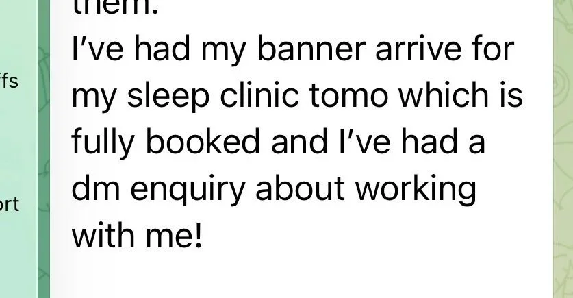 Screenshot of a message about a banner for a sleep clinic named 'Tomo'; it is fully booked, and the sender has received a direct message inquiry about working with them.