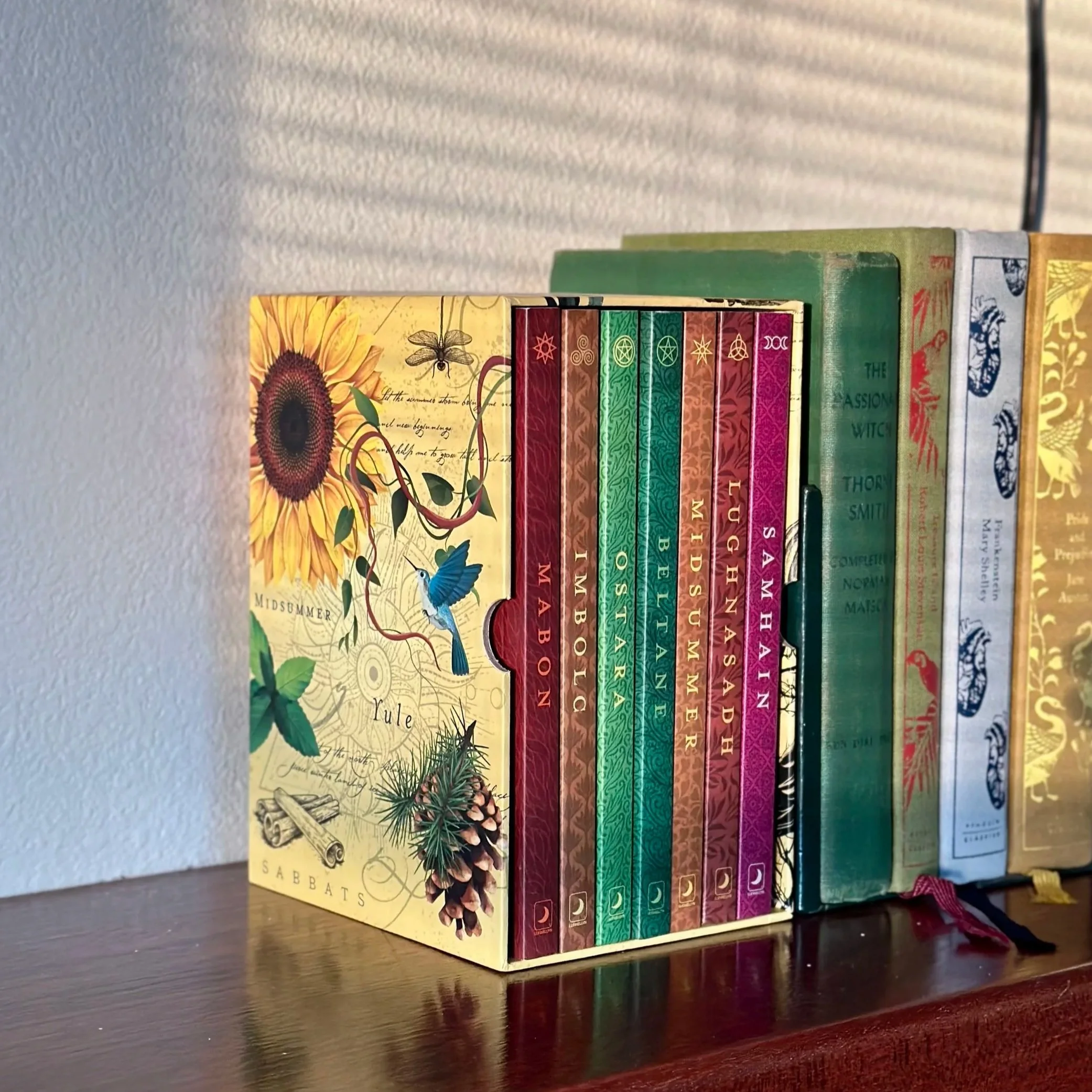 Collection of colorful fantasy novel books arranged on a wooden surface, with illustrations on the spines including a sunflower, bee, hummingbird, pinecone, and various symbols.