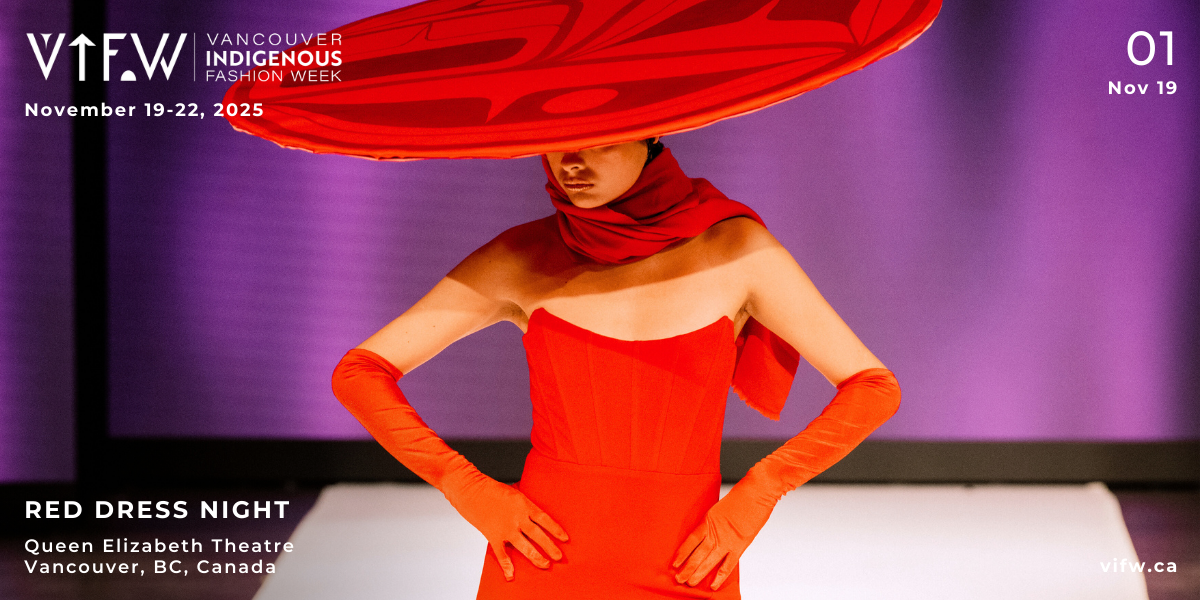 Indigenous model in red dress for night 1 of VIFW 2025