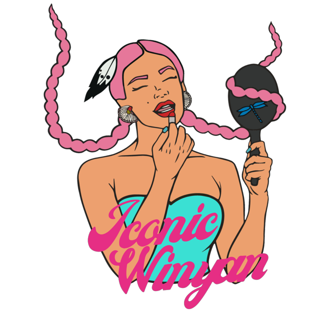 A cartoon woman with pink braided hair and makeup, holding a mirror with ribbon and makeup brushes, with "Ianic Winyan" written in pink and blue text supporting Vancouver Indigenous Fashion Week.