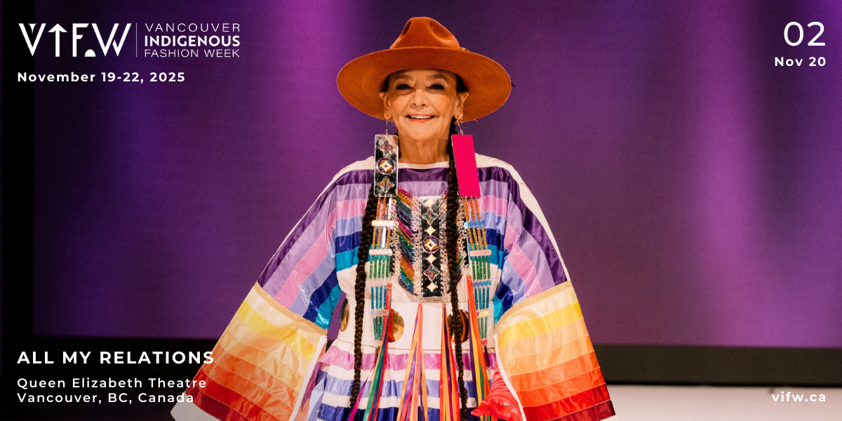 Indigenous model in rainbow dress for night 2 of VIFW 2025