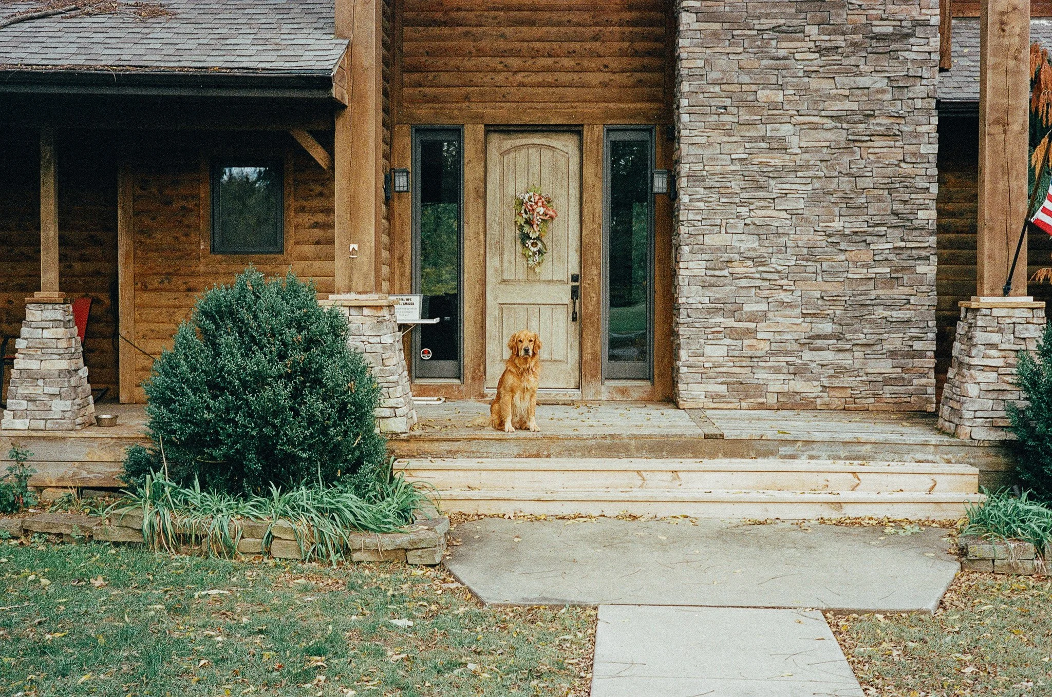 A golden retriever sitting on the front porch of a wooden house with stone accents, a wreath on the door, and green bushes in the yard.