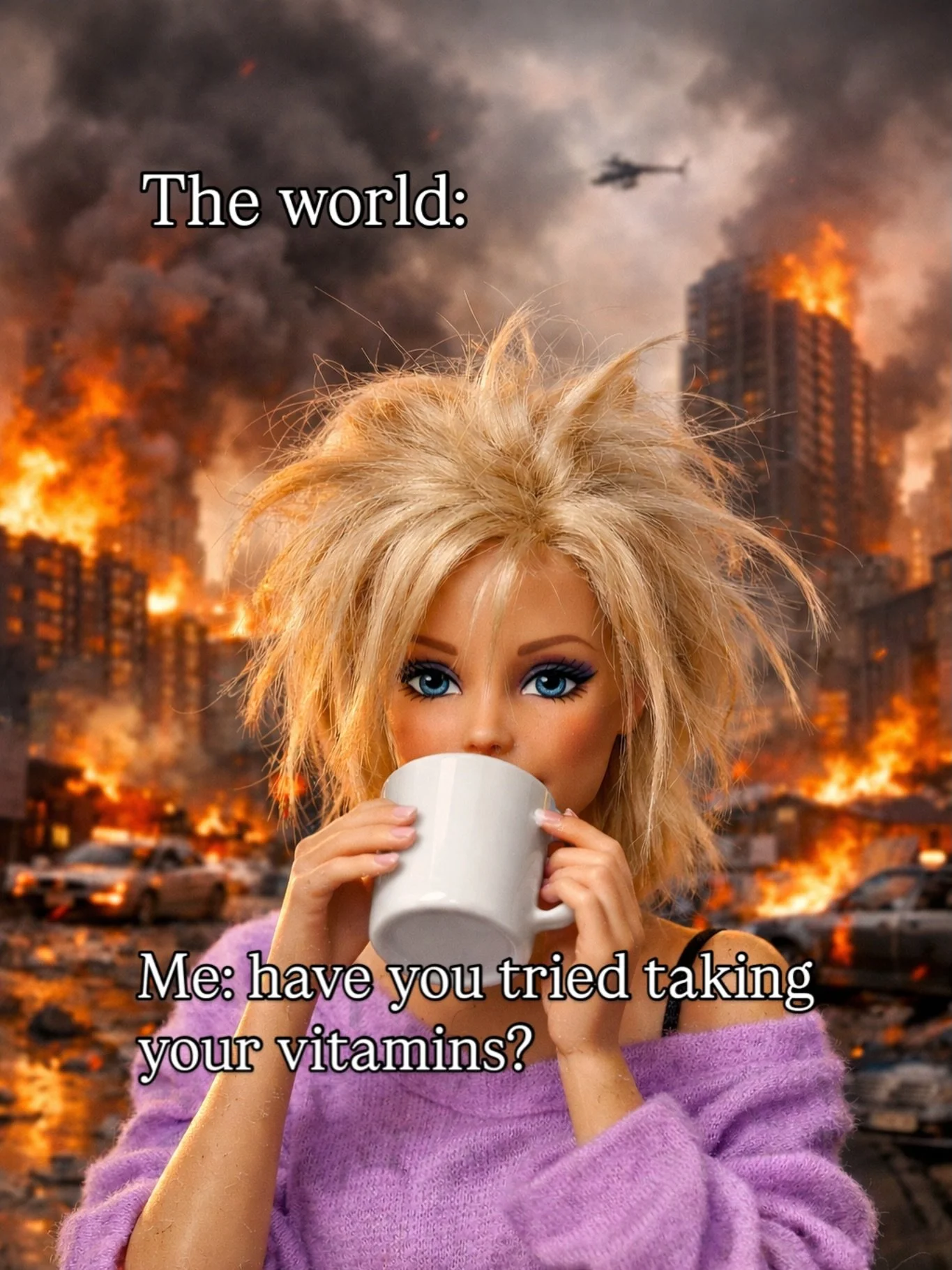 Chaos all around? Still taking my vitamins. You can&rsquo;t pour from an empty cup even when the cup is on fire.

Drop a 🔥if you forgot to take your vitamins today.