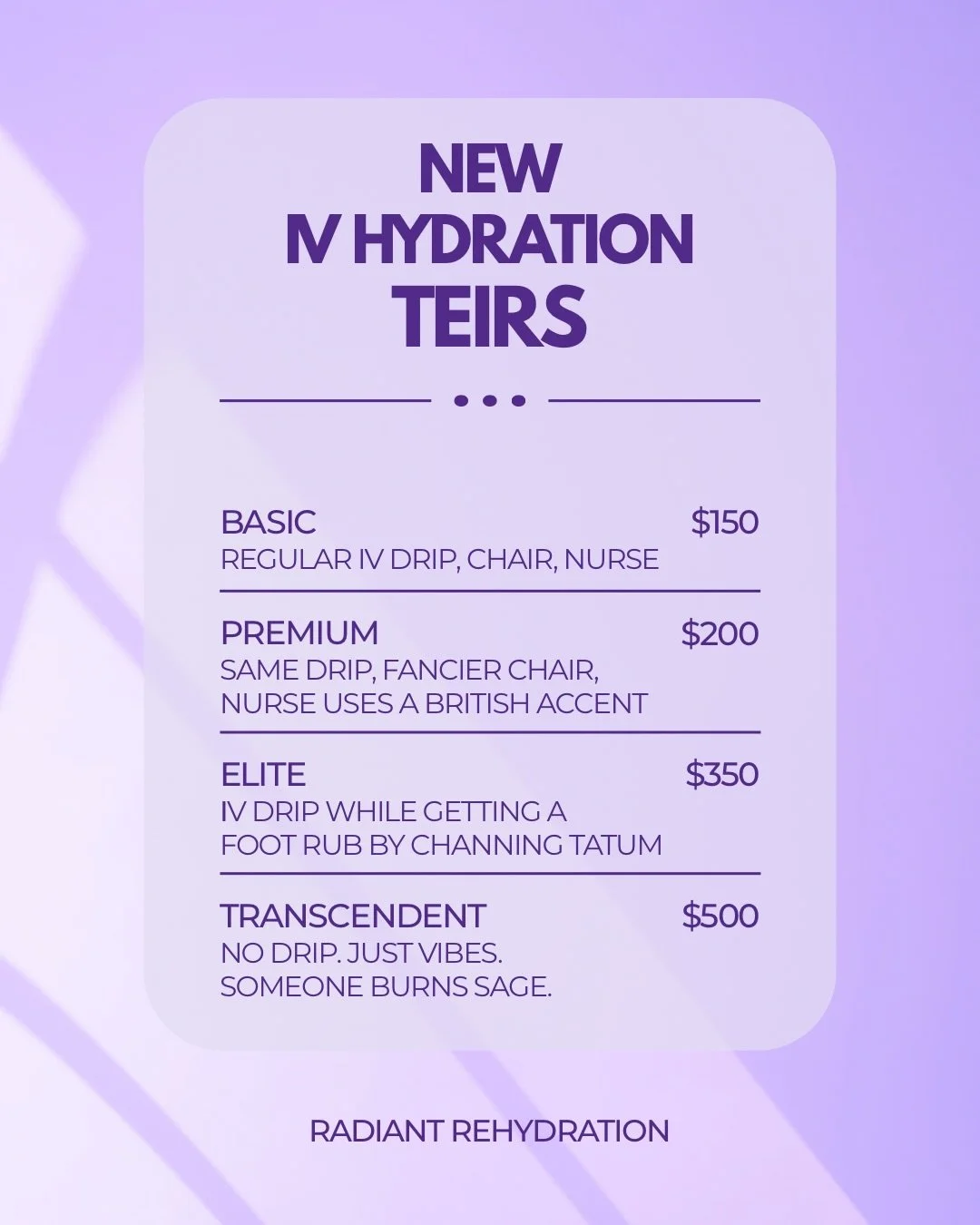 You asked and we delivered. We&rsquo;re stepping up our membership game with these enhancements to your monthly IV infusion.

#aprilfools 😂 Come get the real thing. Your tried and true IV hydration by your beloved nurses of Radiant Rehydration.