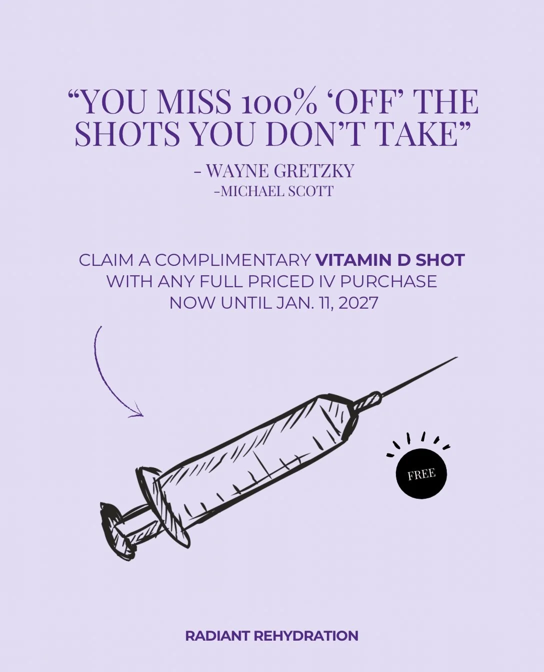 100% off vitamin D shots for a limited time with purchase of a full priced IV 💉 

Who qualifies? Anyone who purchases a full priced IV (any IV on the menu) can receive a vitamin D injection at the same appointment. Limit one D injection per month. M
