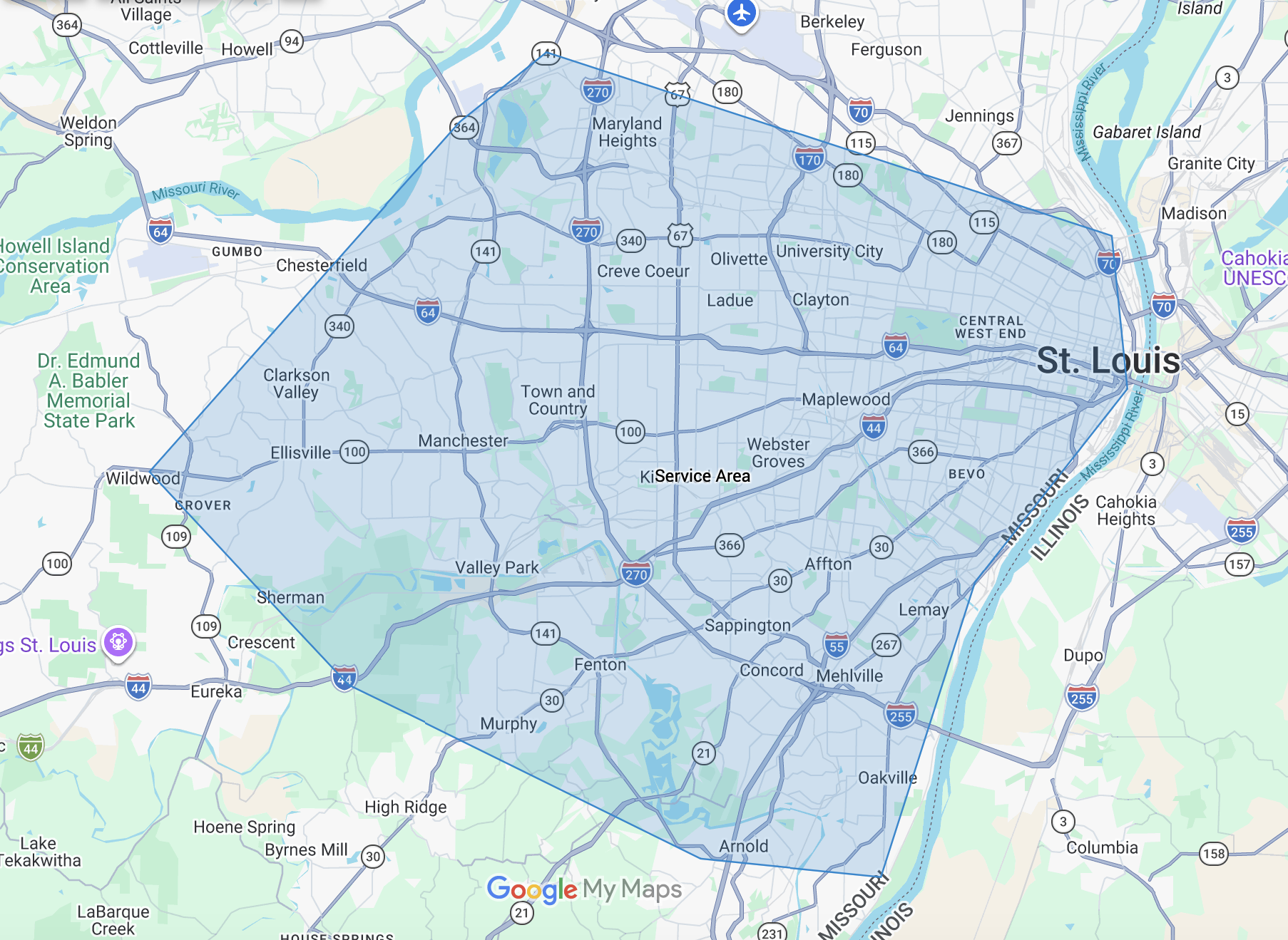 Map of St. Louis, Missouri, with a blue-shaded service area covering parts of the city and surrounding suburbs, showing major highways and rivers.