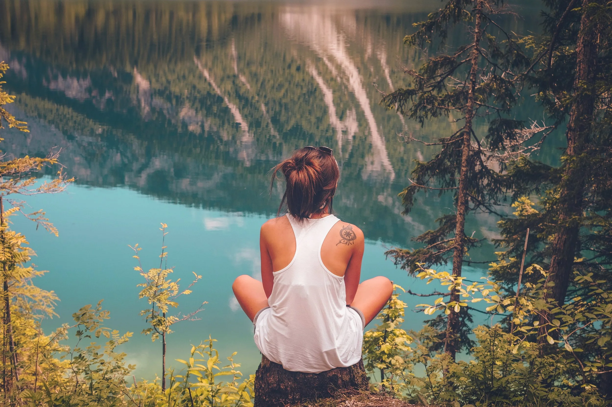 A woman sitting on a tree stump by a lake, surrounded by trees, with her back to the camera, gazing at the water and mountain reflection.